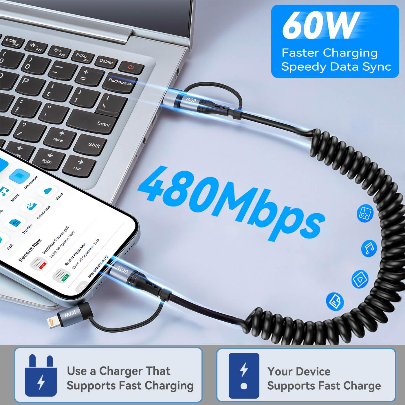 Miger 4-in-1 Retractable Coiled Lightning Cable 60W Fast Charging Cord (4FT) - Compatible with iPhone 15/14/13/12/11 Pro Max/XS MAX/XR/XS/X/8/7/6 Plus, iPad, AirPods, MacBook & CarPlay - Perfect for Home, Office & Car Charging