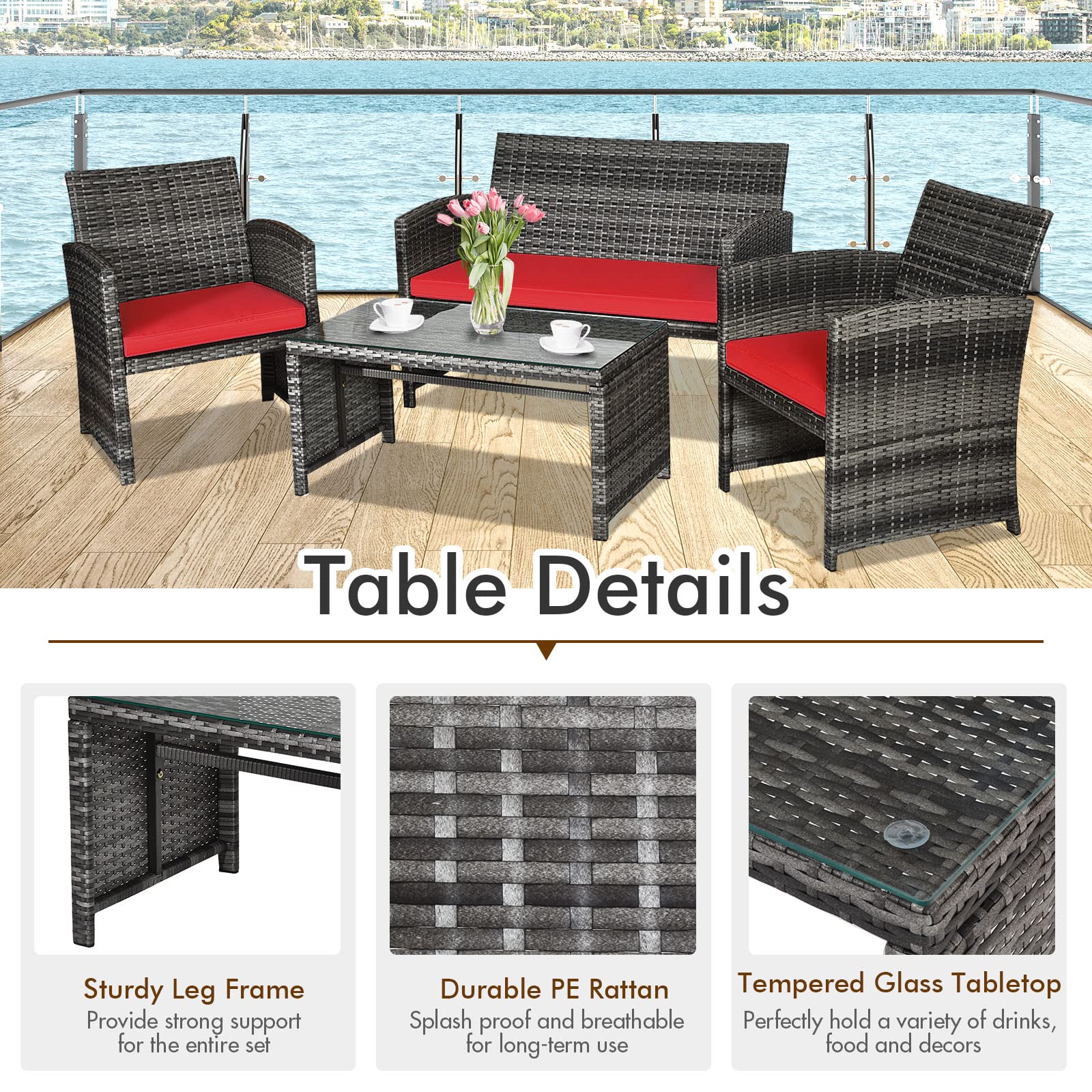 Goplus 4-Piece Rattan Patio Furniture Set - Outdoor Wicker Conversation Sofa with Weather-Resistant Cushions & Tempered Glass Tabletop - Perfect for Lawn, Backyard, Poolside, Garden, or Patio (Red)