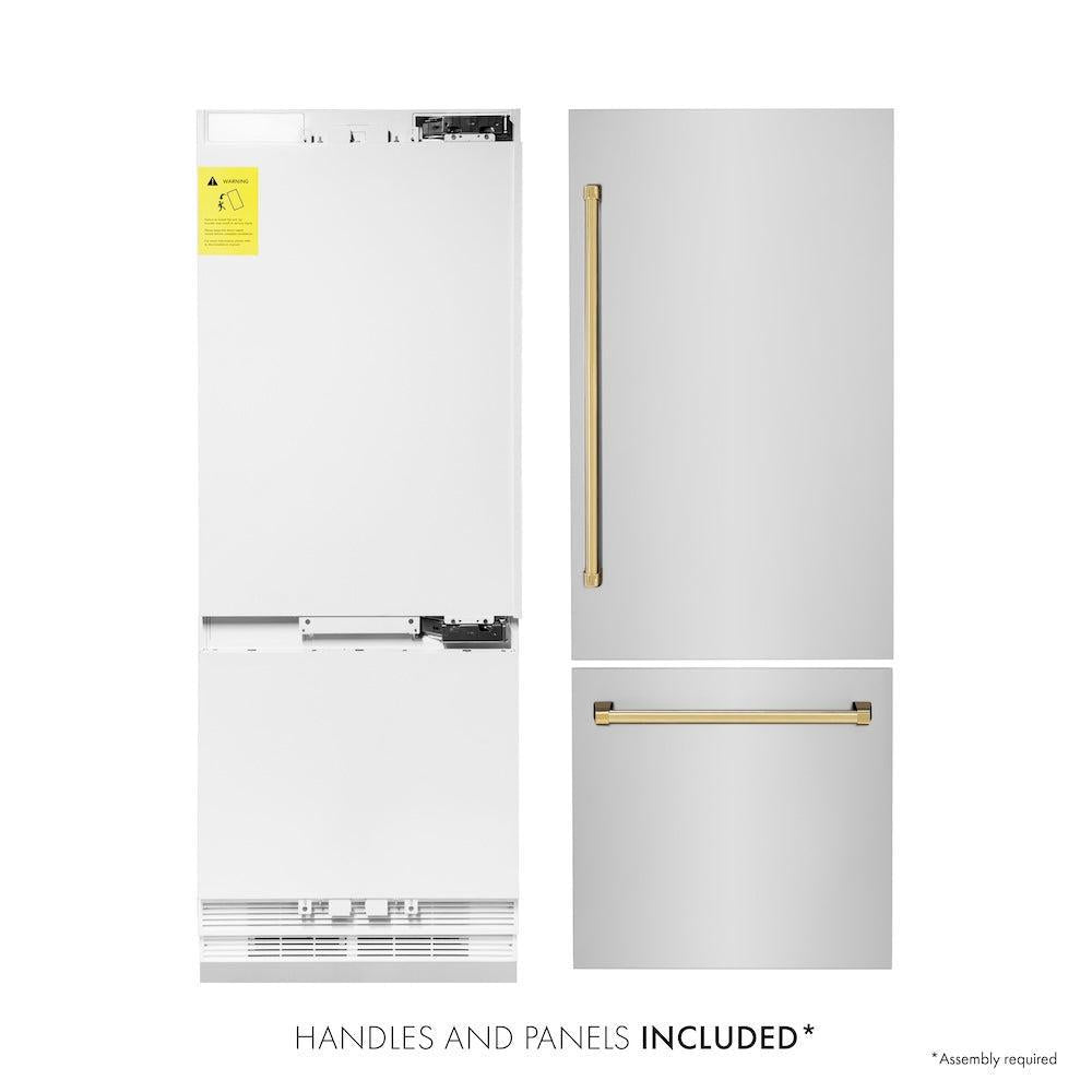 ZLINE Autograph Edition 30 Inch 16.1 Cu Ft Built-In Bottom Freezer Refrigerator with Water Dispenser & Ice Maker - Stainless Steel with Polished Gold Accents (RBIVZ 304 30 G) - Perfect for Modern Kitchens & Luxury Homes