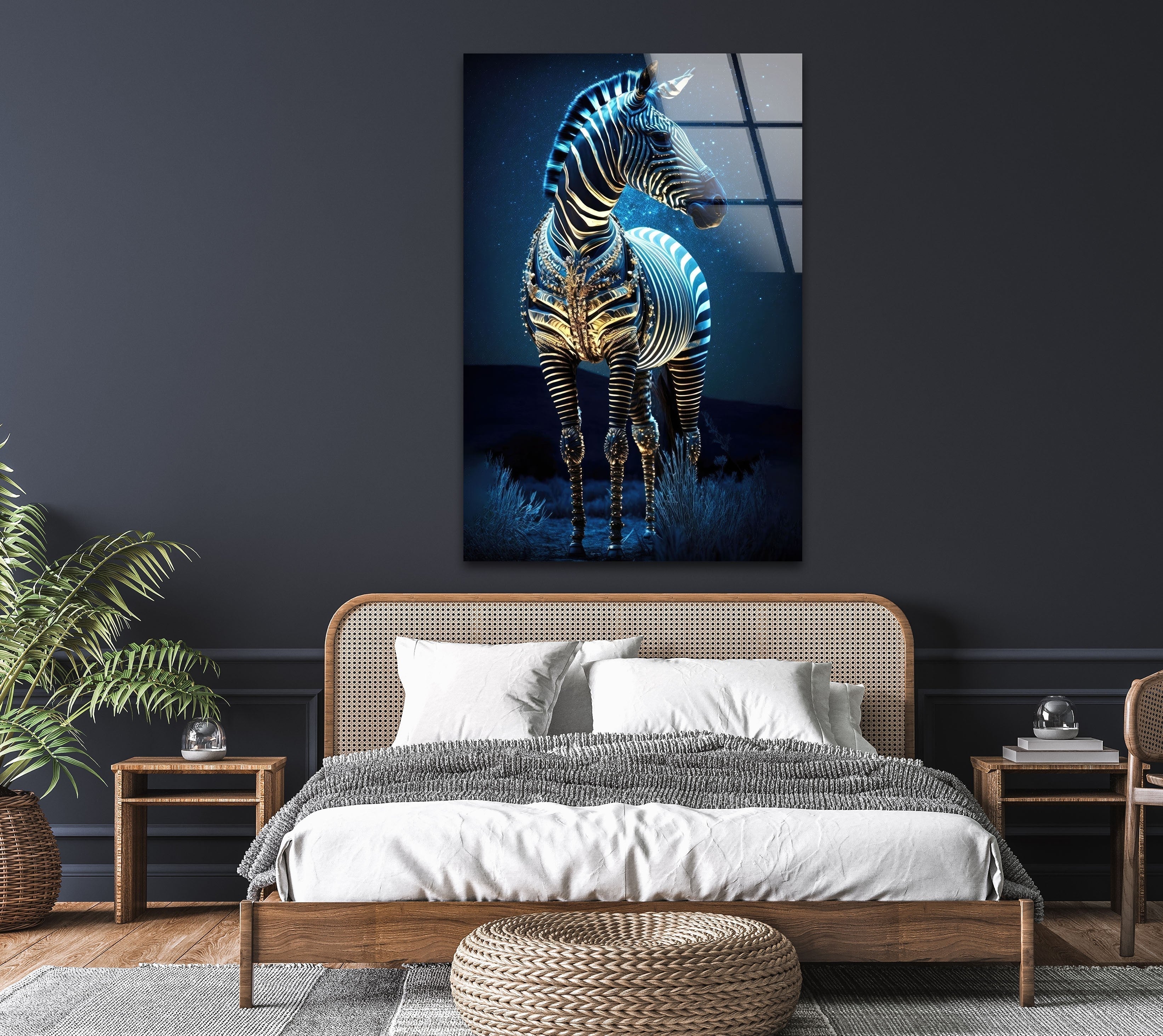 Blue Zebra Glass Wall Art - Modern Home Decor for Living Room, Bedroom & Office - Handmade Glass Painting for Unique Interior Design