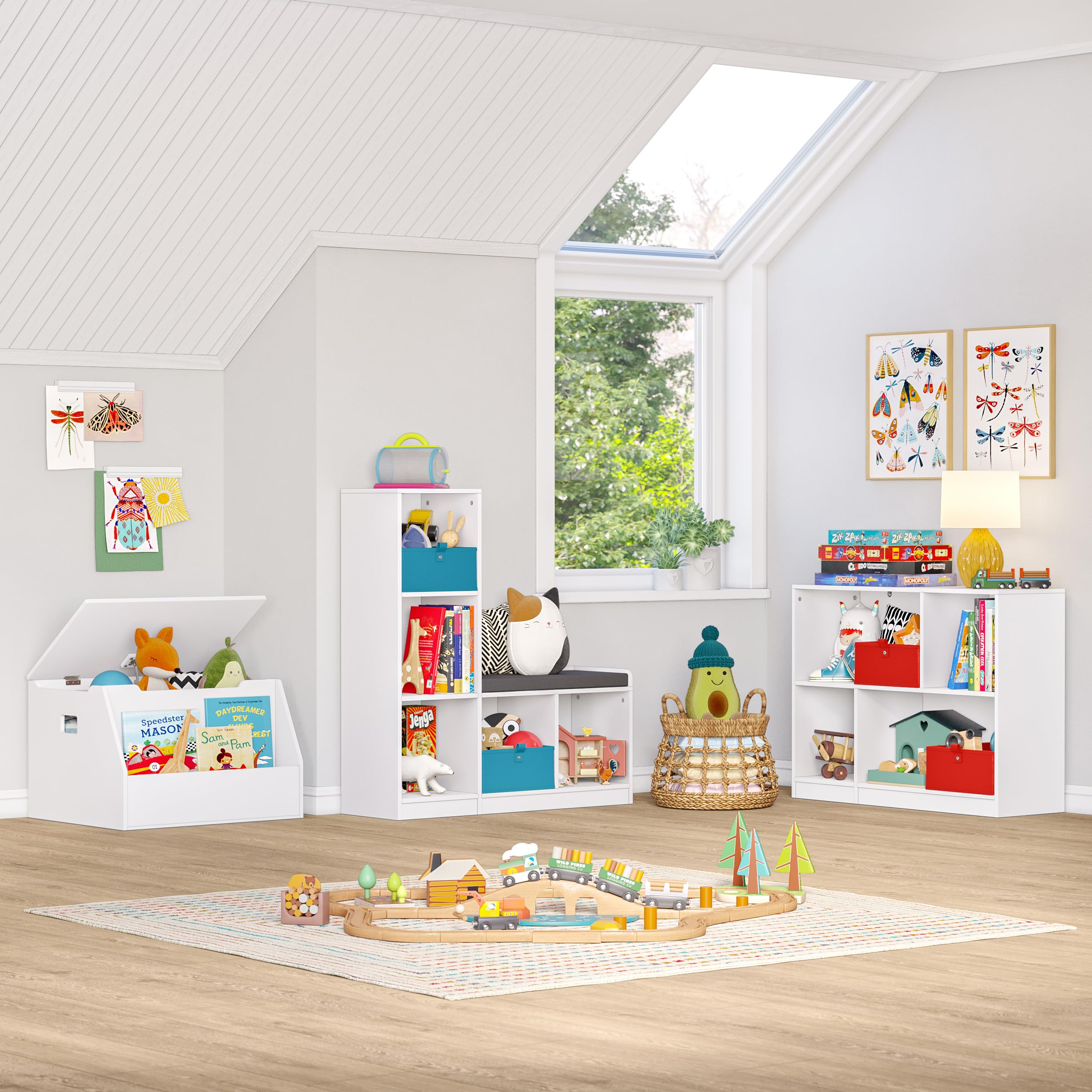 RiverRidge Kids Toy Storage Organizer Bench with 5 Cubby Spots, 2 Gray Fabric Bins & Cushioned Seat - Perfect for Playroom, Nursery, or Classroom Organization & Book Nook Storage