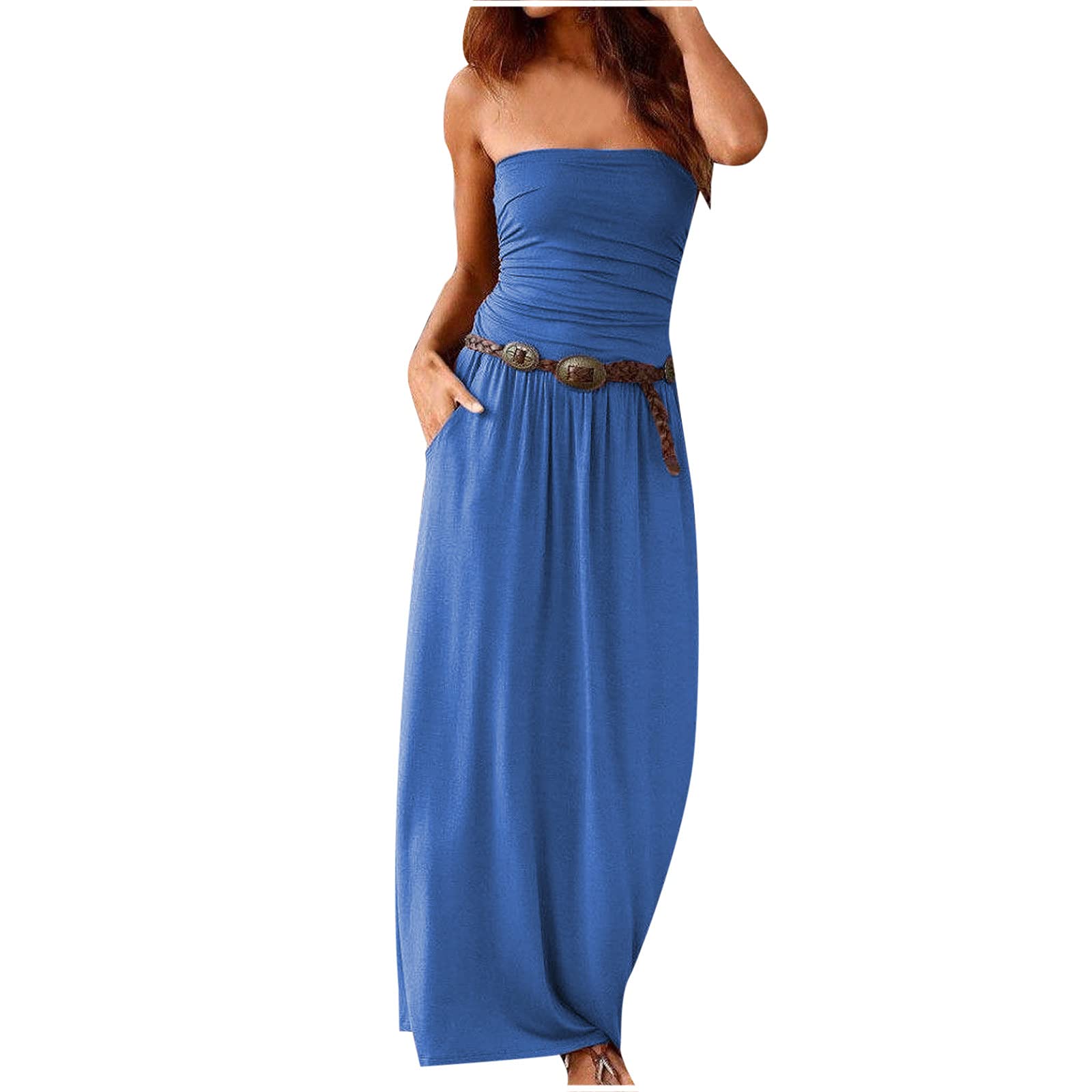 Women's Strapless Bandeau Summer Long Dress - Off Shoulder Beach Maxi Dress with Pockets, No Belt - Perfect for Vacations, Pool Parties & Tropical Getaways