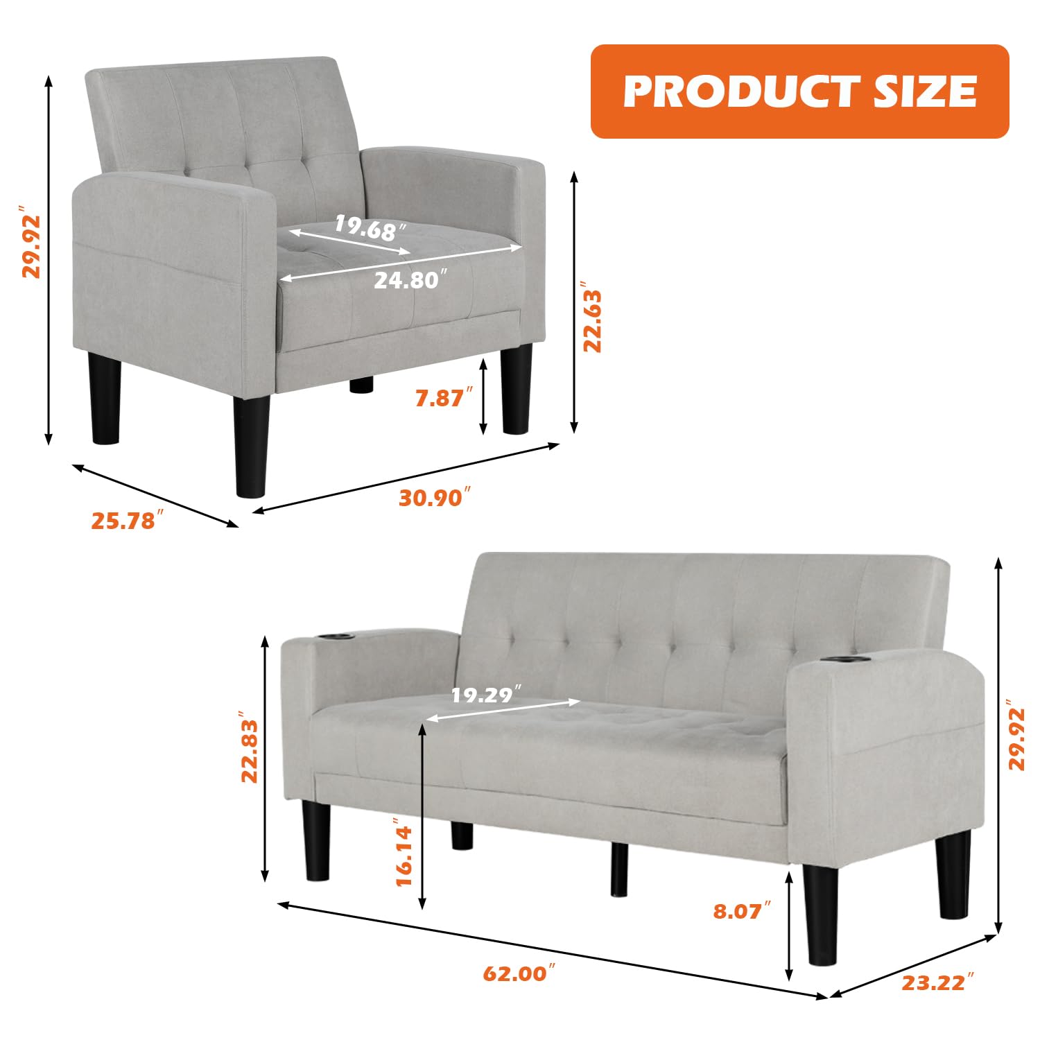 AILEEKISS 2-Piece Modern Fabric Sectional Sofa Set with USB Chargers, Cup Holders & Side Pockets - Loveseat & Single Seat Couch for Living Room, Apartment, Office (Light Grey) | Perfect for Small Spaces, Movie Nights & Home Decor