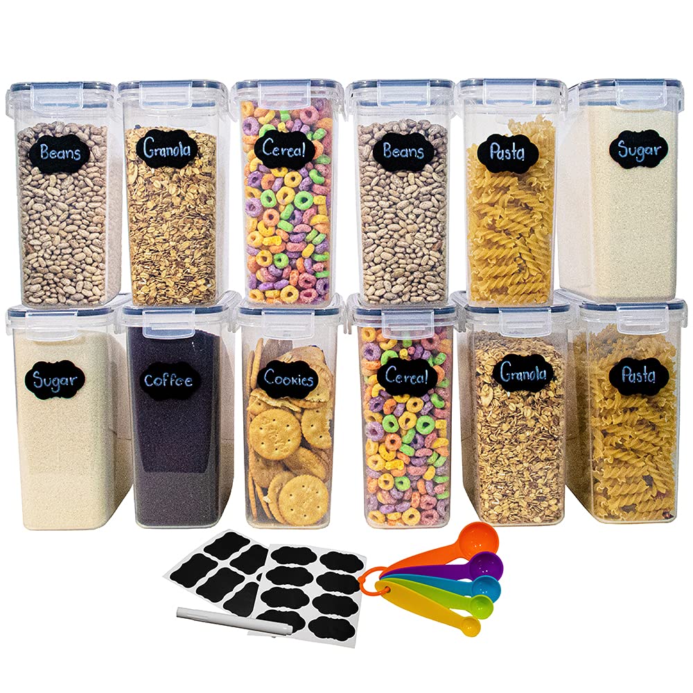 SPARK LIGHTING - 12-Piece Airtight Food Storage Containers Set with Clear Canisters & Black Lids for Flour, Sugar, Cereal, Rice - Perfect for Kitchen Pantry Organization & Bulk Food Storage