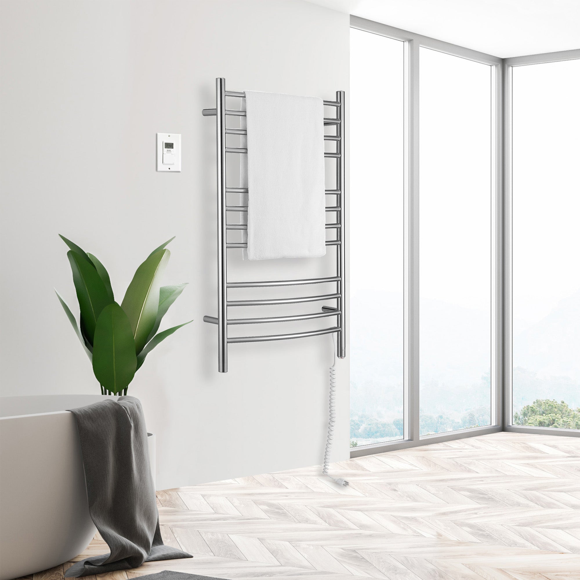 Lustra Dual 12 Curved Bar Towel Warmer - Hardwired & Plug-in Polished Stainless Steel with Digital Timer - Perfect for Bathrooms, Spas & Luxury Homes