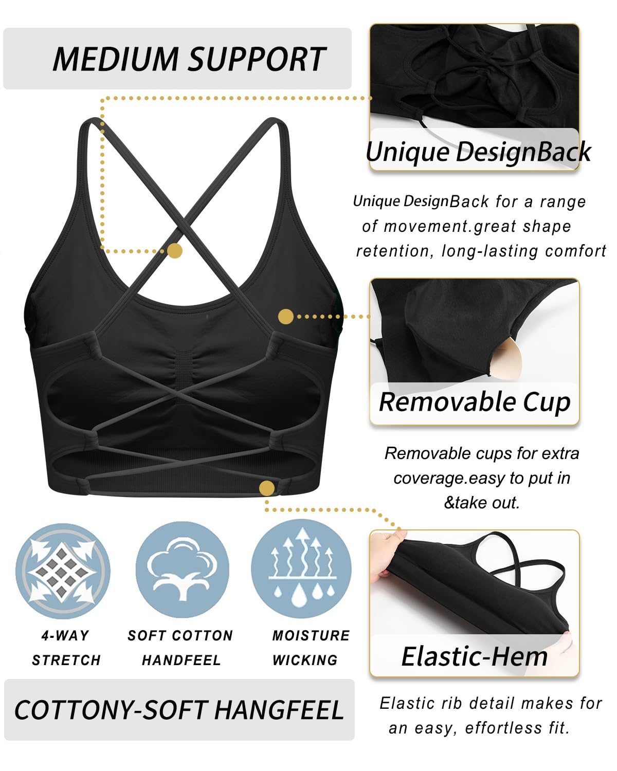 Women's Medium Support Sports Bra - Seamless Crisscross Back Design with Removable Pads | Running, Yoga & Gym Workout Activewear
