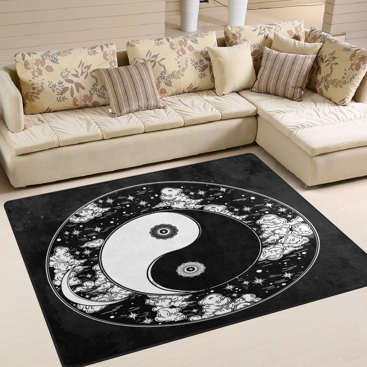 ALAZA Black Yin Yang Area Rug - 7' x 5' Oriental Meditation Rug for Living Room, Bedroom & Yoga Space | Feng Shui Home Decor