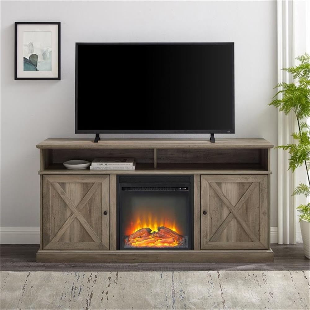 Farmhouse TV Stand with Wood Fireplace Design - Holds TVs up to 60 Inches, Gray Wash Finish - Perfect for Living Room, Bedroom & Home Theater Setup