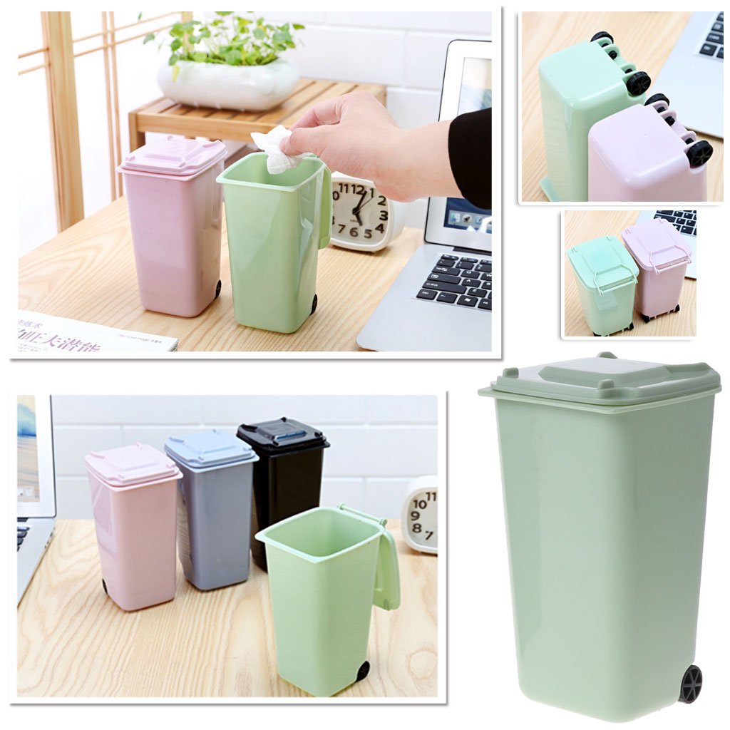 Sturdy Wheelie Trash Can with Pen Holder - Desktop Storage Bin & Mini Garbage Bucket for Office, Home, or Dorm Organization