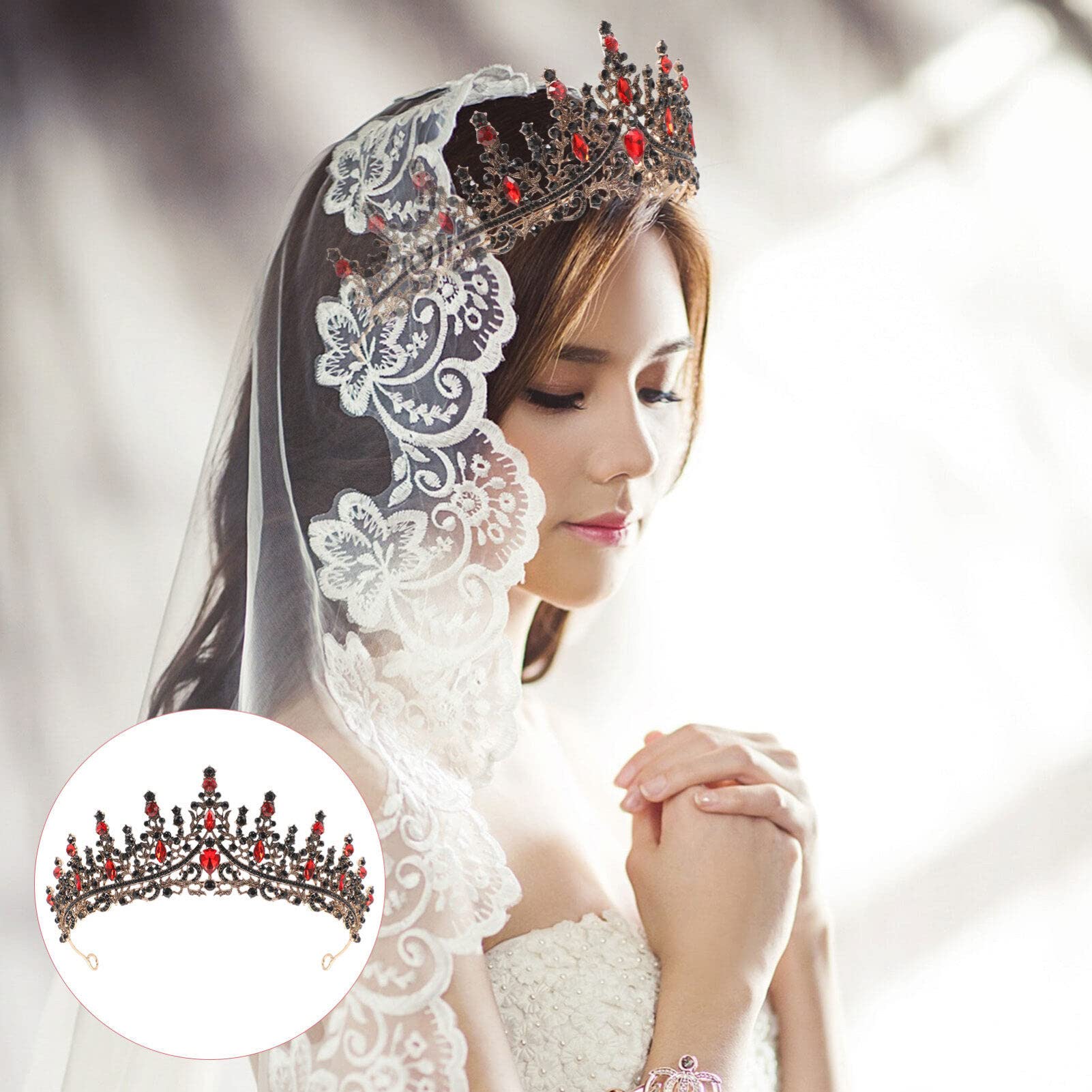 FRCOLOR Black Rhinestone Tiara for Women - Elegant Baroque Bridal Crown Headpiece, Crystal Wedding Hair Accessories for Bride, Miss, Princess | Perfect for Weddings, Prom, Pageants, and Special Occasions