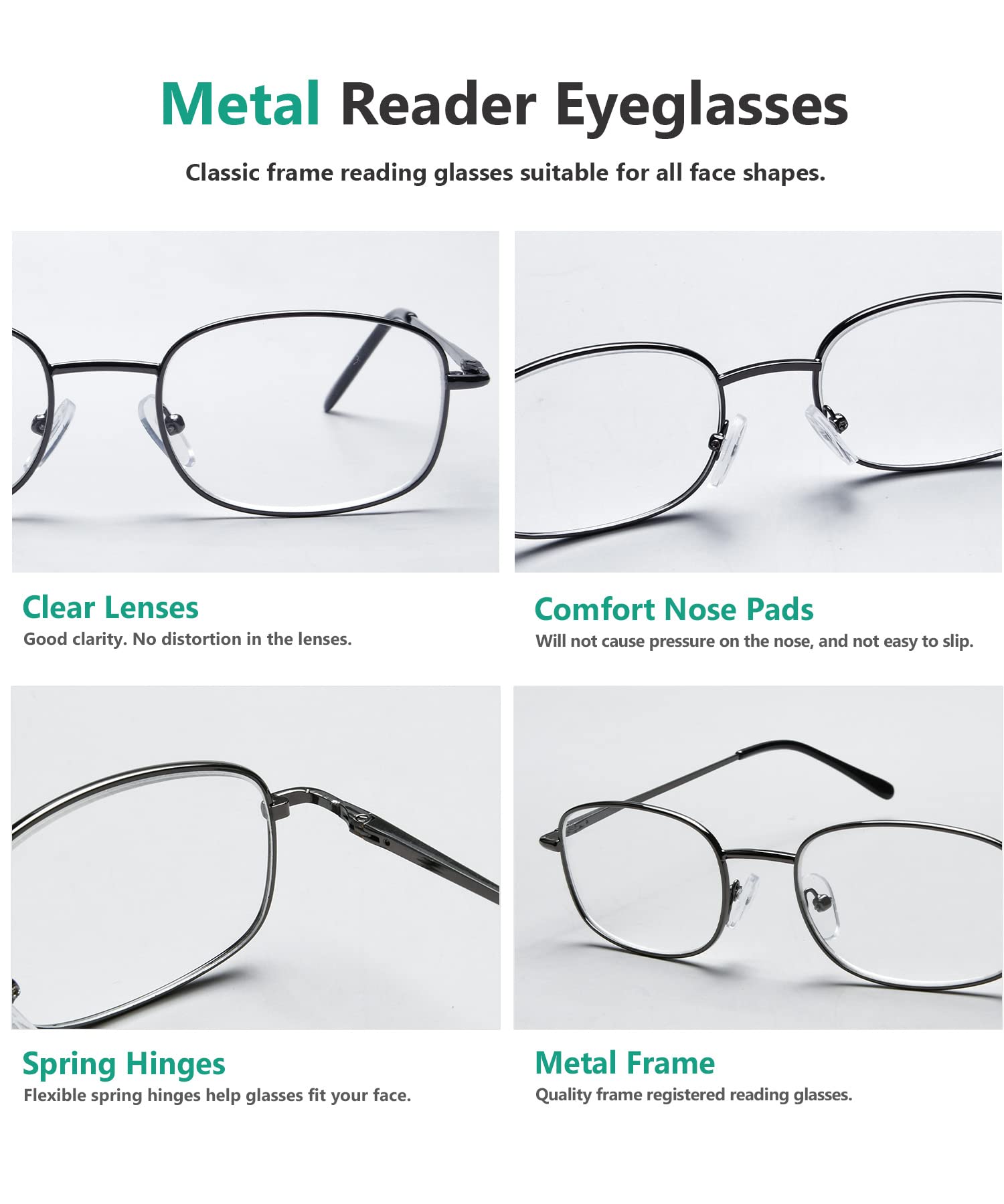 Eyekepper 4 Pairs Reading Glasses - Lightweight Metal Frame Readers with Spring Hinges for Men & Women - Fashionable & Durable for Reading, Computer Use & Office Work