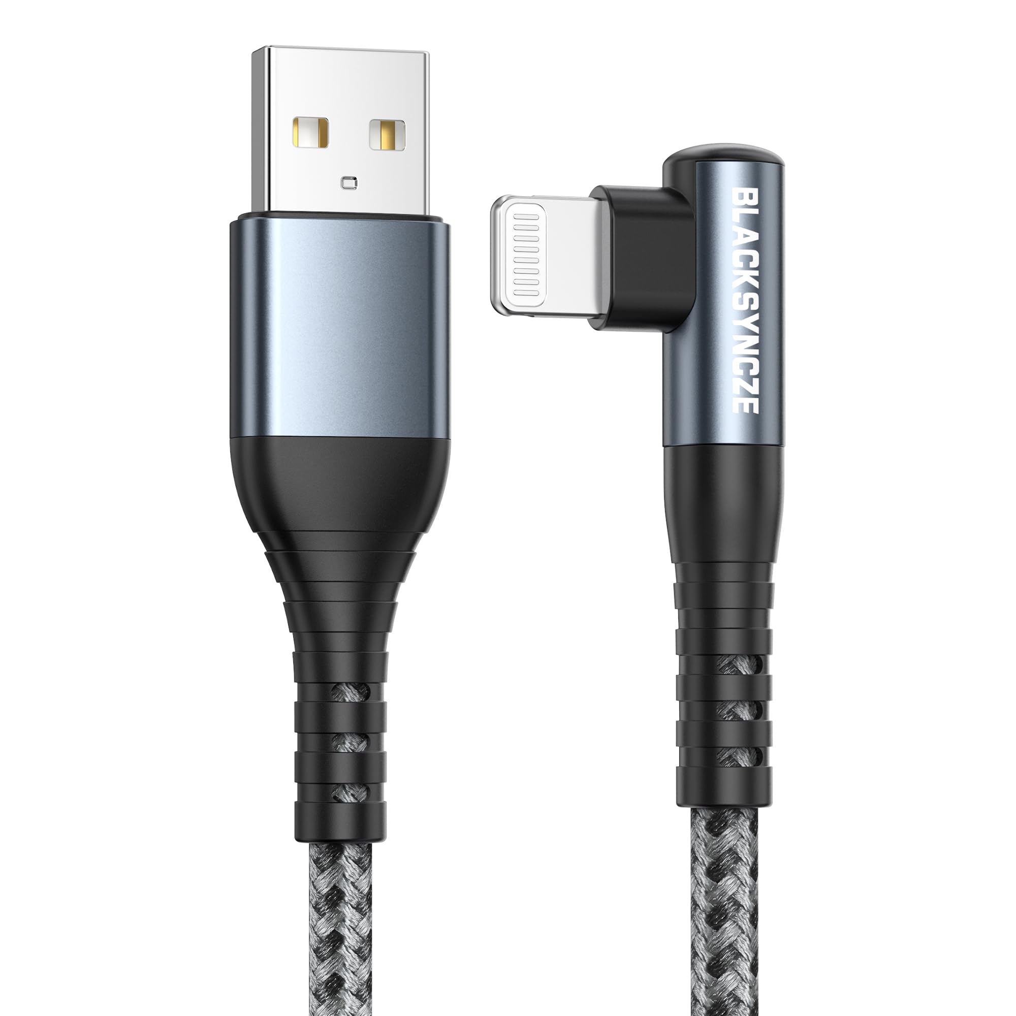 BLACKSYNCZE MFi Certified Lightning Cable 2M Right Angle Nylon iPhone Charger - Fast Charging Cable for iPhone 14/13/12/11 Pro Max/XS/X/8/7/6 Plus - Durable Grey Cable for Home, Office & Travel