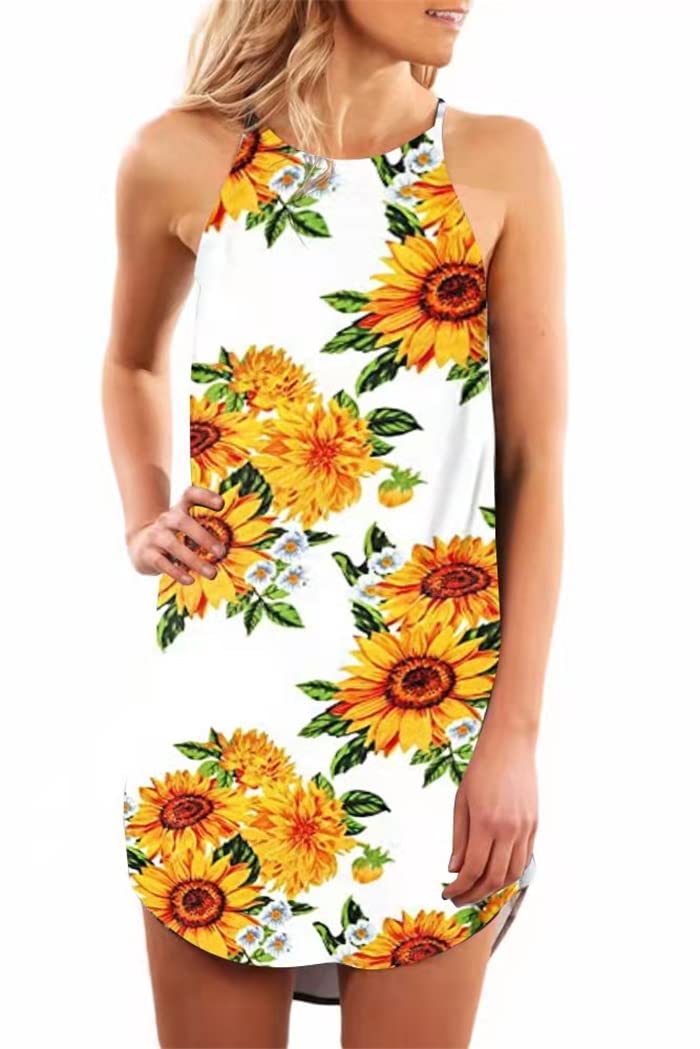 Floral Sleeveless Mini Dress for Women - Summer Beach Halter Neck Casual Dress - Perfect for Vacations, Pool Parties & Tropical Getaways