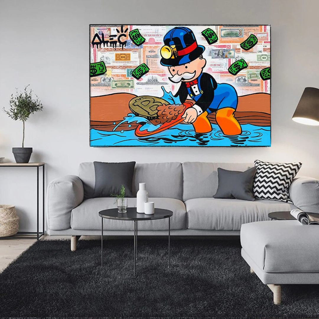 Alec Monopoly Man Bitcoin Mining Artwork - Unique Crypto Landscape Wall Decor for Home & Office - Perfect for Bitcoin Enthusiasts & Modern Art Collectors