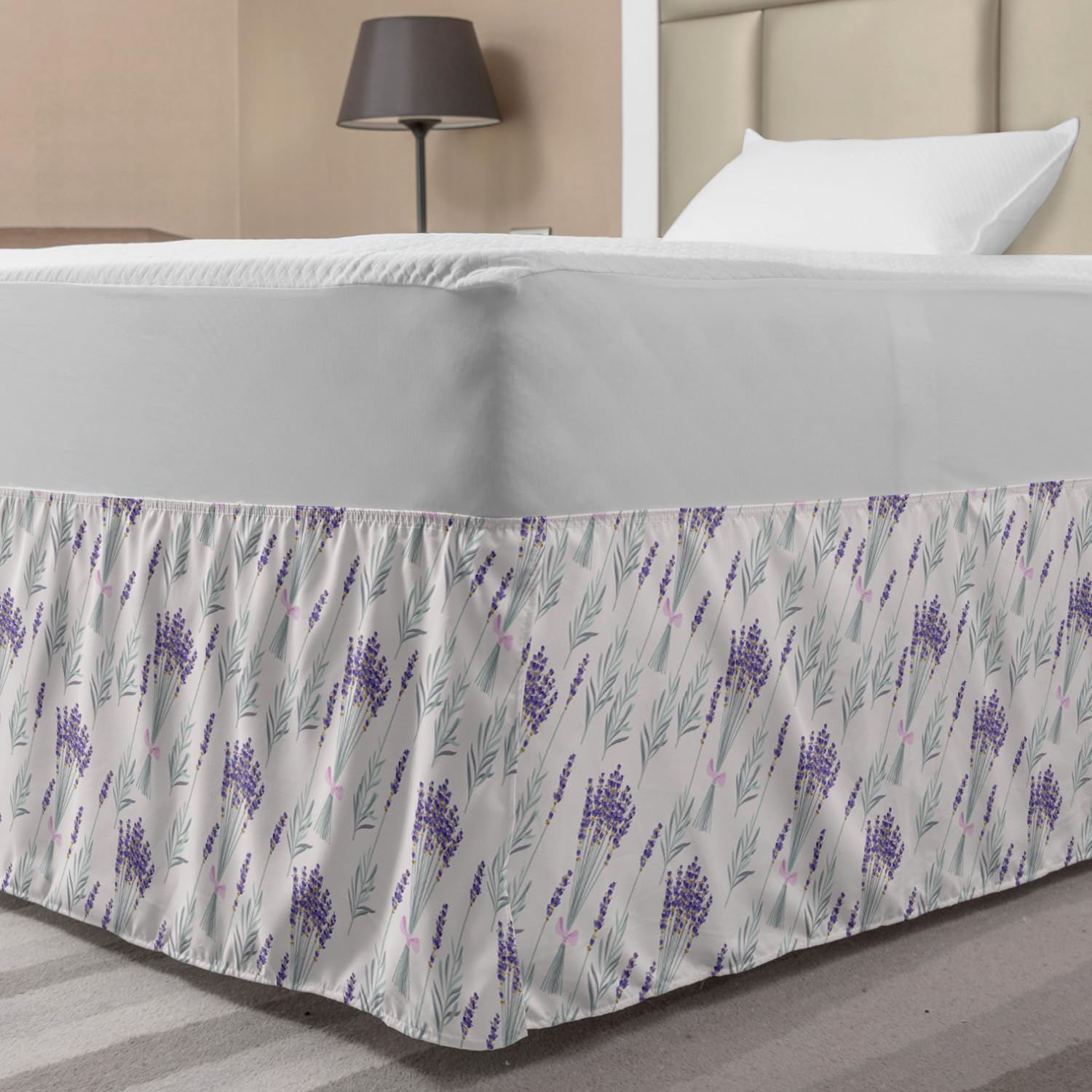 Ambesonne Lavender Bedskirt - Floral Ribbon Blossom Design on Pastel Backdrop, Wrap Around Elastic Gathered Bed Skirt for Full Size Beds, Soft Pearl Lavender Color | Perfect for Bedroom Decor, Guest Room Styling & Home Makeover Projects