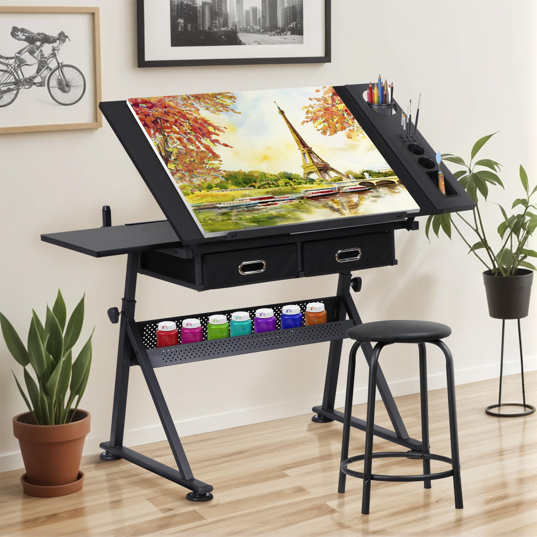 Adjustable Height Drafting Desk with 2 Storage Drawers - Ergonomic Drawing Table for Artists, Architects & Home Office Work - Perfect for Painting, Sketching & Remote Work - Black