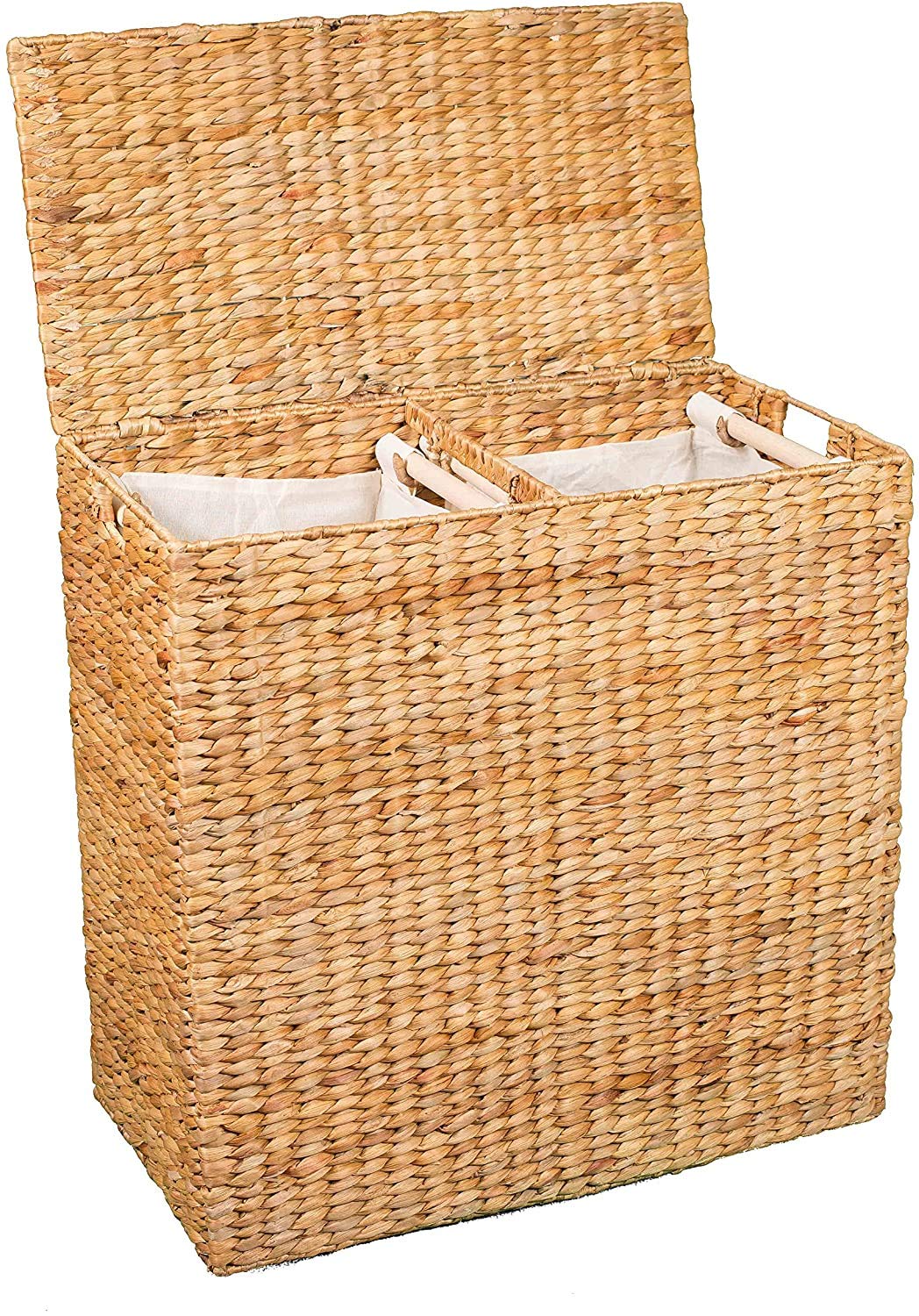 BIRDROCK HOME Handwoven Double Laundry Hamper with Removable Liner Bags & Lid - Natural Woven Laundry Basket for College Dorm, Bathroom, Bedroom | Clothes Storage & Organization Solution for Home, Apartment, or Shared Spaces
