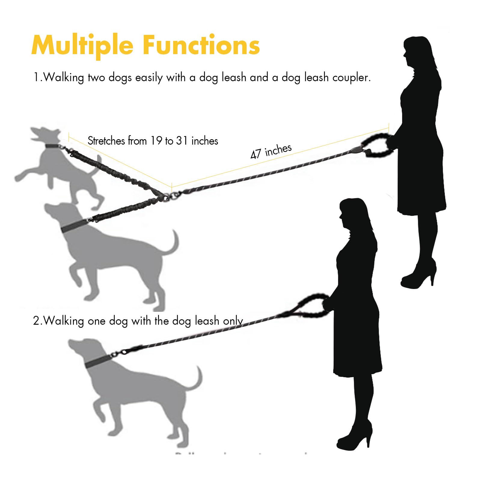 BAOBOTE Double Dog Leash - Shock Absorbing Bungee Reflective No Tangle Leash for Two Dogs with 360° Swivel (Black) | Perfect for Walking, Running & Outdoor Adventures with Your Pets