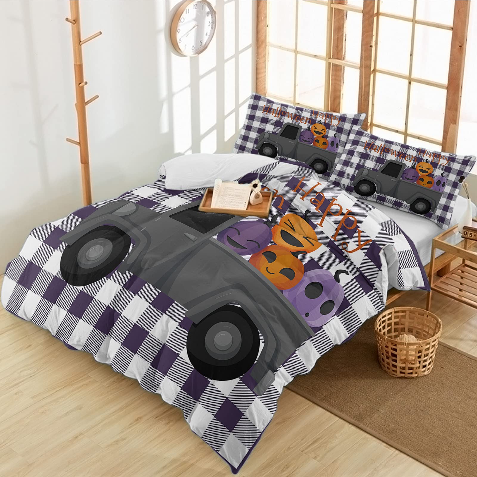 BEKYONEE California King 3-Piece Duvet Cover Set - Happy Halloween Truck Design, Ultra Soft Luxury Washed Comforter Cover with 2 Pillowcases, Pumpkin & Purple Plaid Pattern for Bedroom Decor | Perfect for Halloween Bedding, Guest Room, and Cozy Fall Nights