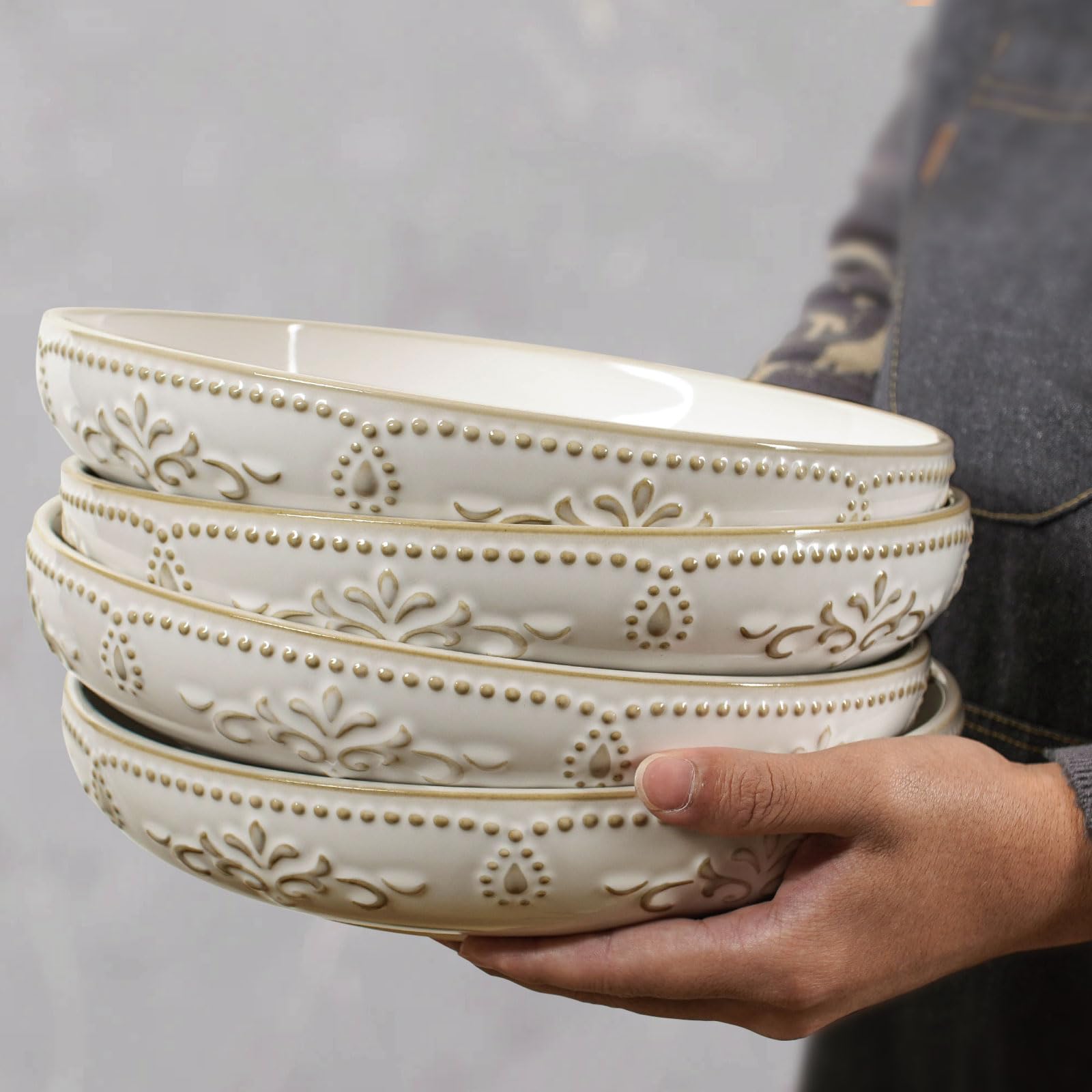 Artena Pasta Bowls Set of 4 - 50oz Large White Ceramic Salad & Soup Bowls - 9.75'' Embossed Shallow Dinner Plates - Microwave & Dishwasher Safe - Floral Damask Design - Perfect for Family Dinners, Entertaining Guests & Restaurant-Style Serving