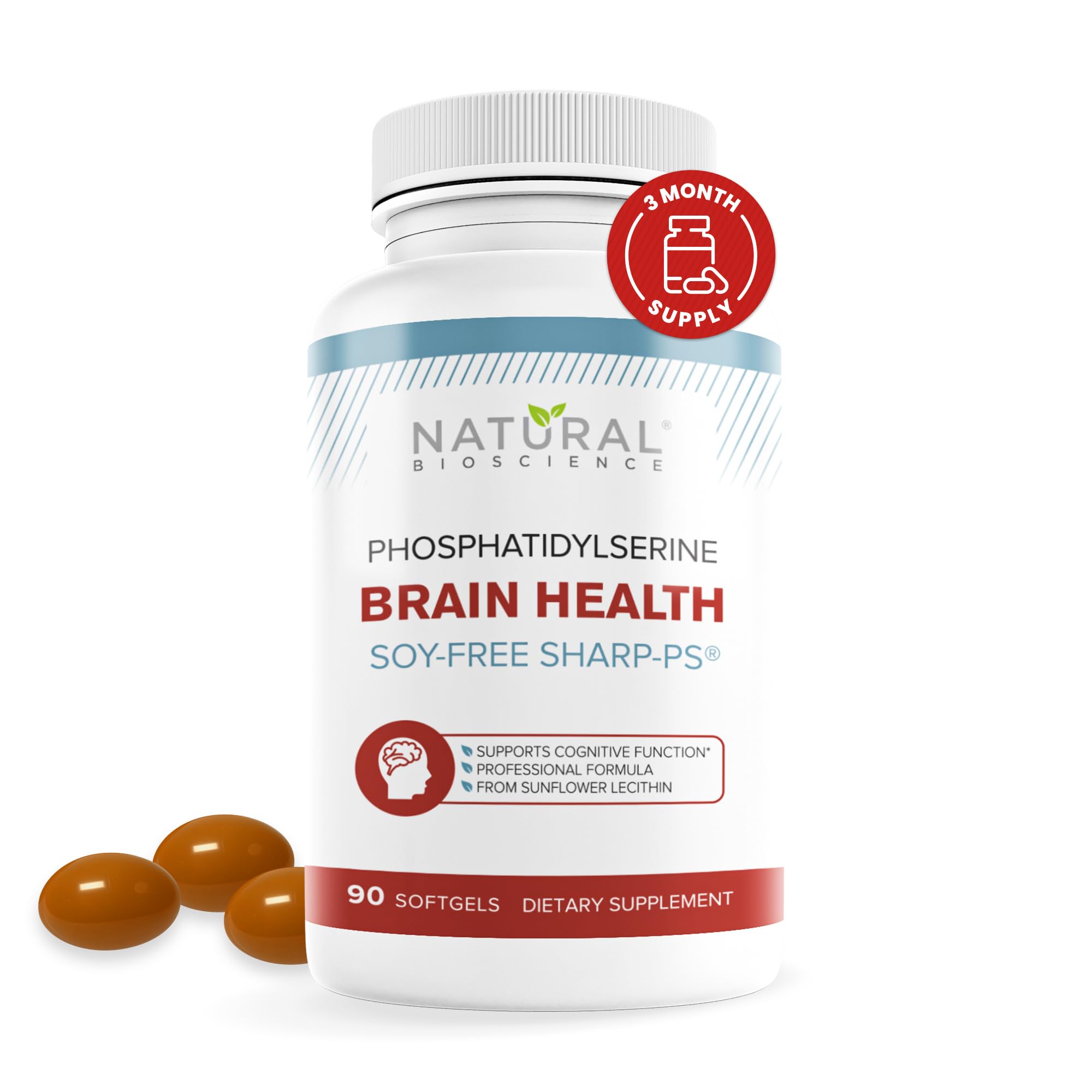 Non-GMO Soy-Free Phosphatidylserine 100mg Supplement from Sunflower Lecithin - Sharp PS100 Patented Formula for Brain Health, Memory Support & Cortisol Control - 90 Softgels for Mental Clarity & Focus at Work/Study