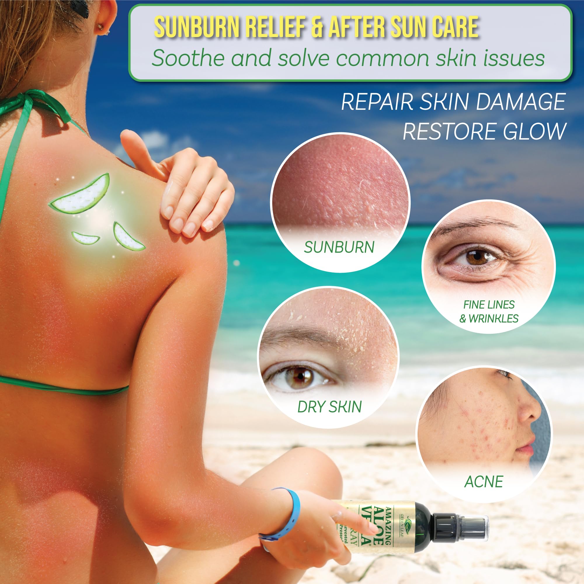 Green Leaf Naturals Aloe Vera Spray - 99% Pure Cold-Pressed Aloe Juice with Vitamins C, E & A | Hydrating Hair & Skin Moisturizer, Sunburn Relief, After Sun Care | Perfect for Sunburn, Dry Skin & Post-Workout Recovery (12oz)