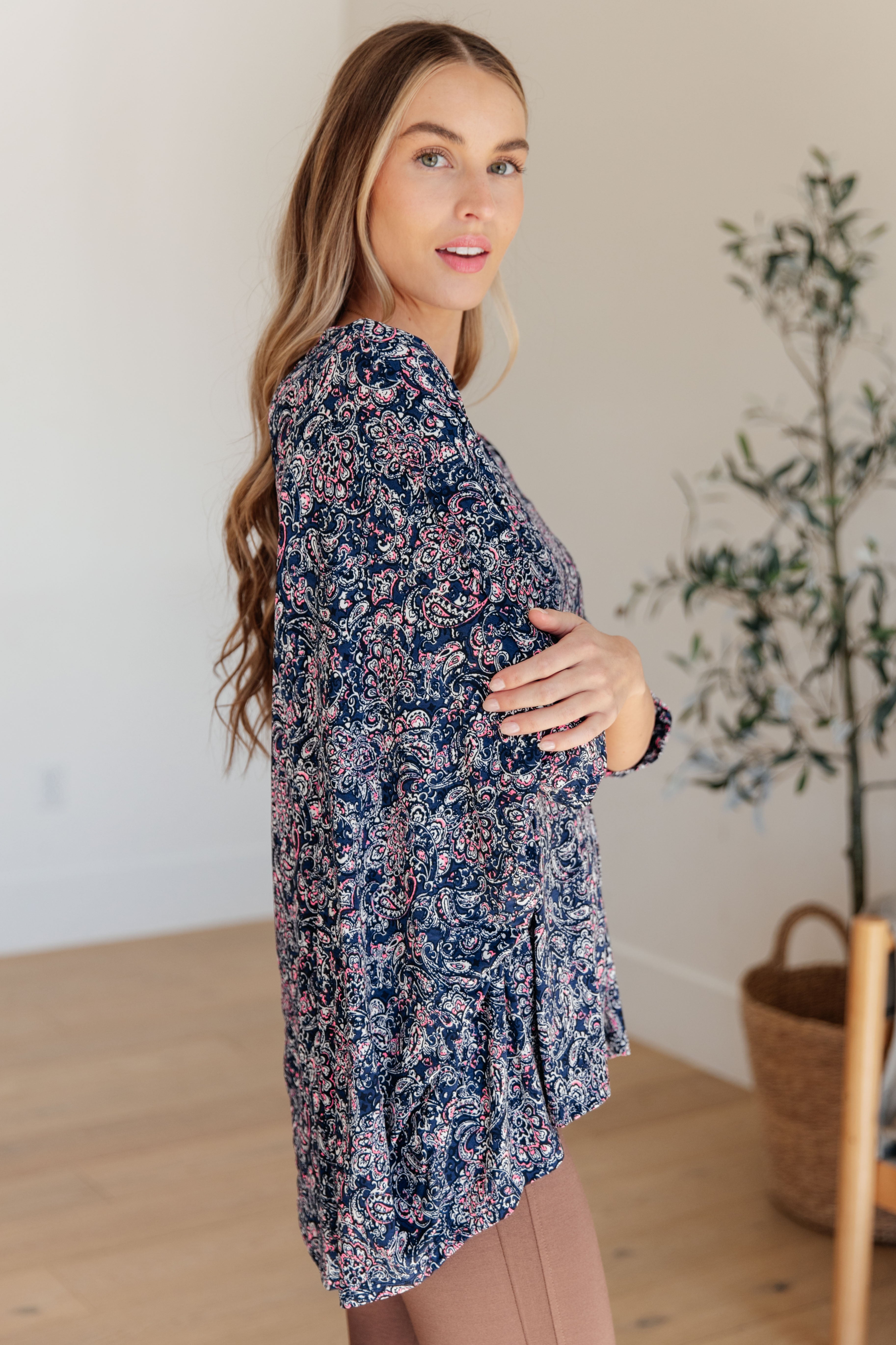 Dear Scarlett Navy Paisley Essential Blouse for Women - Flowy Casual Top with Short Sleeves - Perfect for Office, Date Night & Summer Outfits