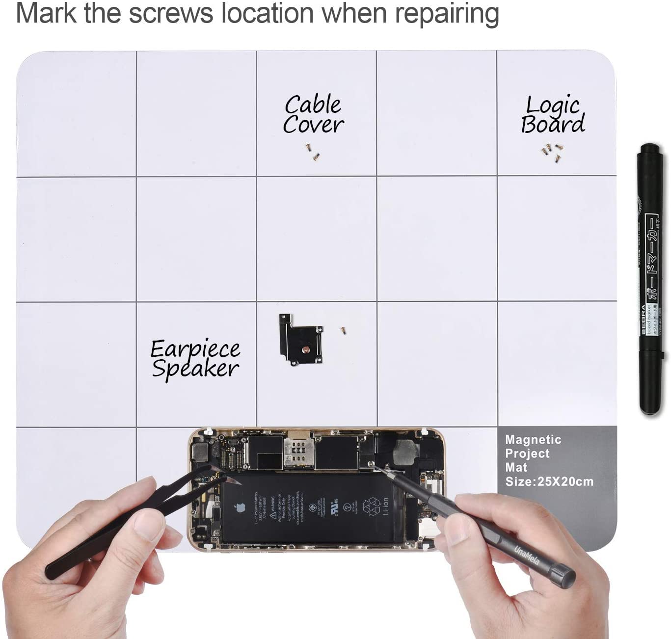 Unamela Magnetic Project Mat with Dry Erase Pen - Secure Tool Organizer for Computer, Phone & Electronics Repair | Prevent Losing Screws | Workspace Organization for DIY & Professional Technicians