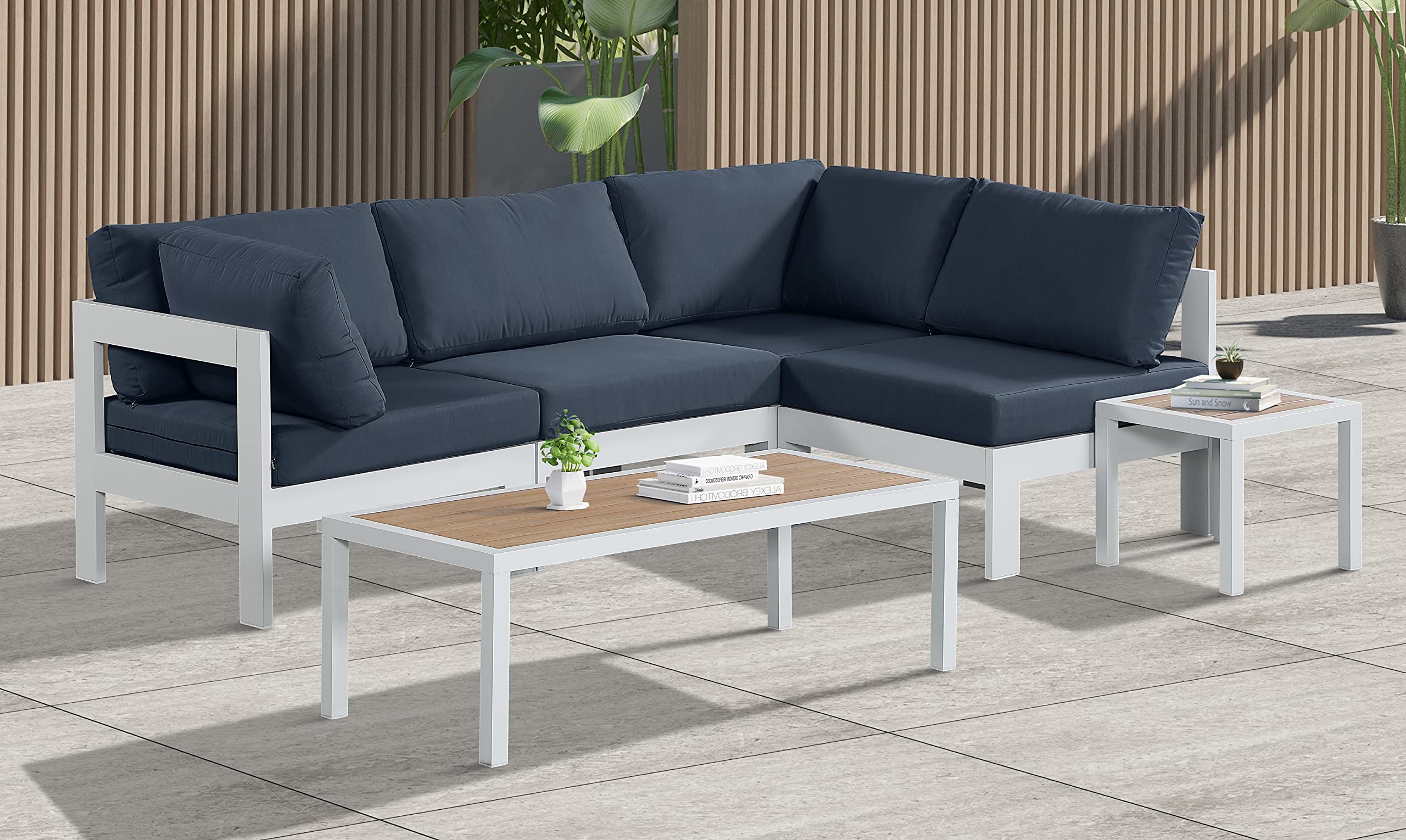 Meridian Furniture 375Navy-Sec4A Nizuc Collection - Modern Outdoor Patio Modular Sectional Sofa Set, Water-Resistant Navy Blue Cushions, All-Weather Wicker - Perfect for Poolside, Backyard & Garden Relaxation