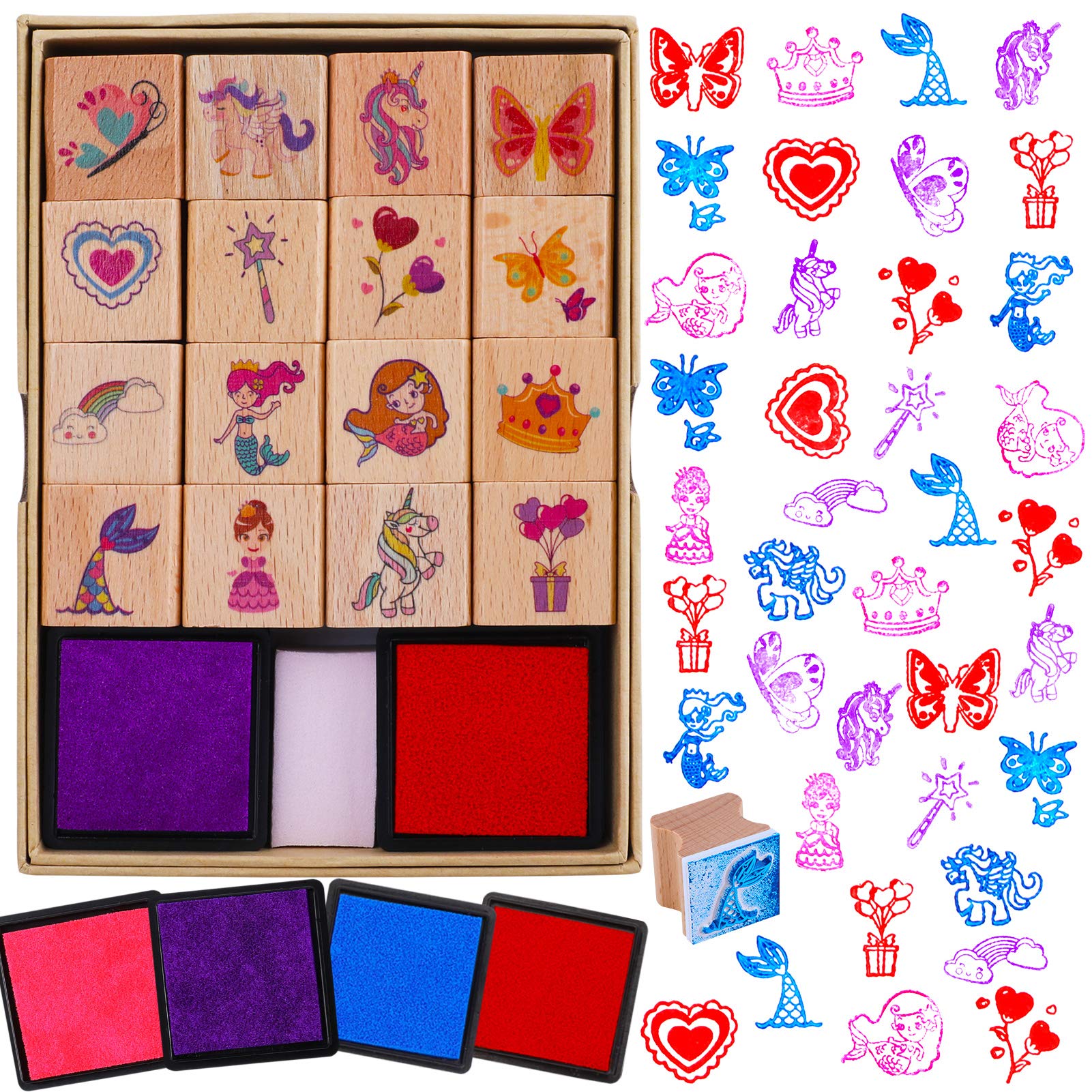 16pcs Kids Wooden Stamps with Ink Pad - Unicorn Mermaid Princess Crafts for DIY Cards & Scrapbooking | Perfect Party Favors & Gifts