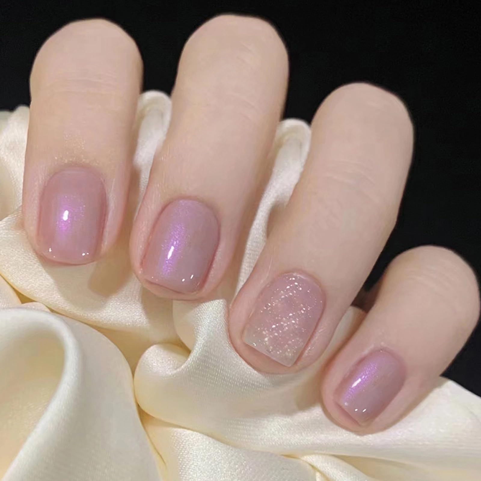 **MERVF Square Press on Nails Short Fake Nails - Purple Chrome Squoval Glue on Nails with Glitter Design, 24pcs Acrylic Nails for Women, Glossy Solid Color False Nails - Perfect for Parties, Weddings, and Daily Wear**