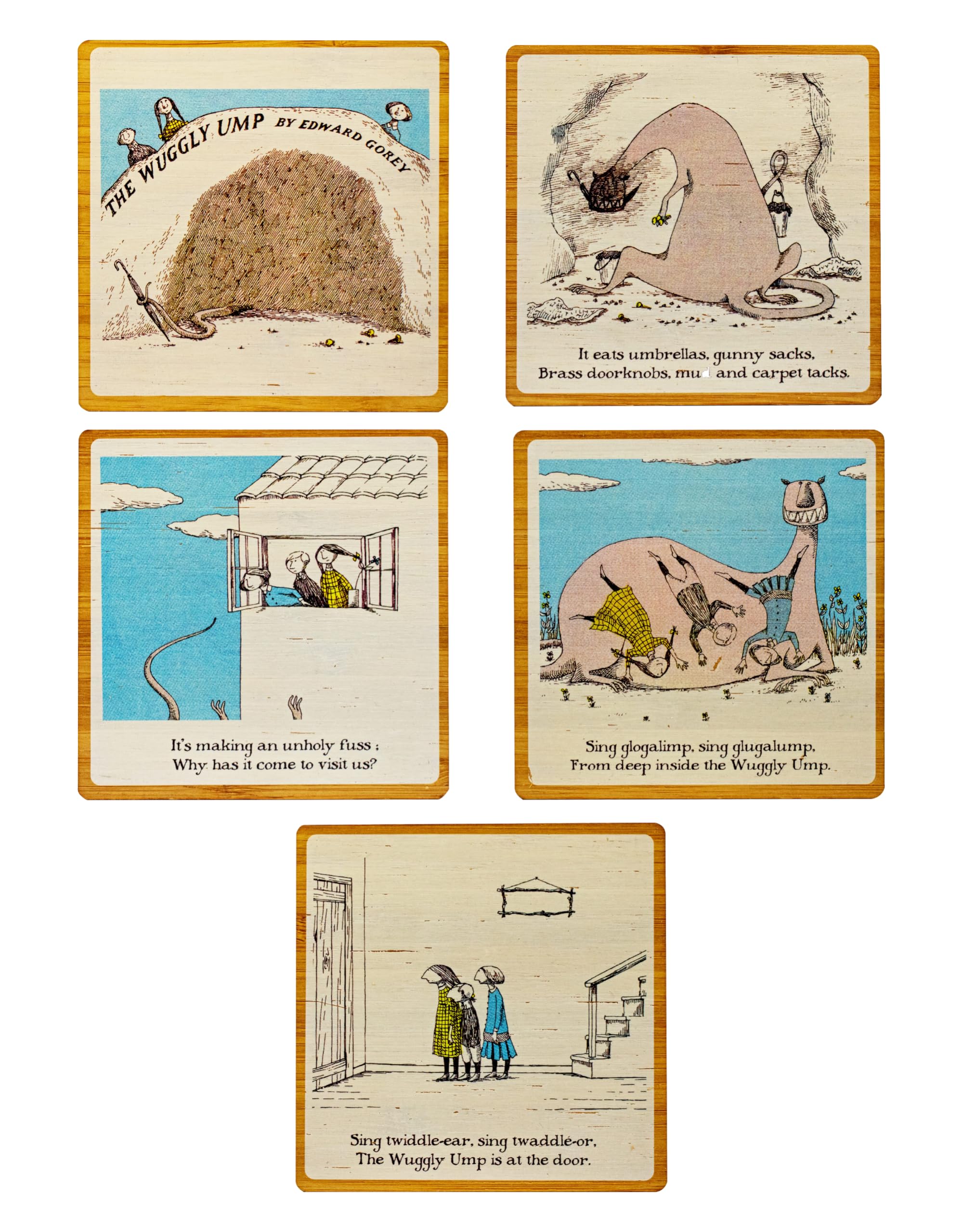 Edward Gorey™ Wuggly Ump Laser-Cut Bamboo Coaster Set - 5 Pack Square Drink Coasters for Coffee Tables, Home & Kitchen Decor - Perfect for Protecting Surfaces from Hot & Cold Beverages