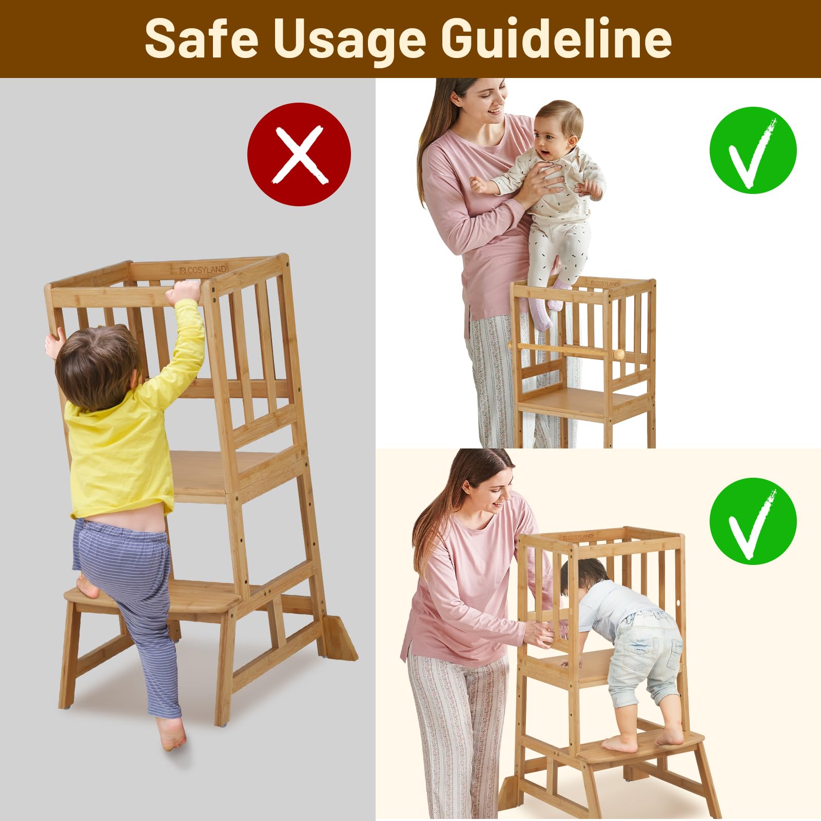 **COSYLAND Adjustable Toddler Step Stool - Natural Bamboo Learning Tower with Safety Rail for Kitchen, Playroom & Montessori - Lightweight & Sturdy Helper Stand for Kids**