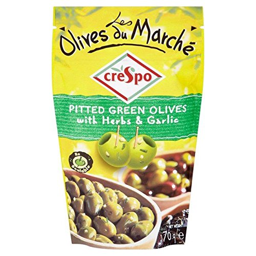Premium Crespo Green Olives with Herbs & Garlic - 70g Jar | Gourmet Mediterranean Snack for Charcuterie Boards, Cocktails & Tapas