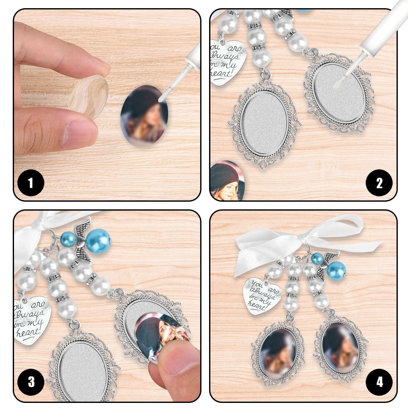 SAVITA 1pc Wedding Bouquet Photo Charm with 2pcs Oval Glass Cabochons - Elegant Bridal Bouquet Charm Holder Picture Frame with Bow-Knot Pearl Rhinestone Heart Pendant for Bridal Shower, Wedding Keepsake & Photo Jewelry - Perfect for Bridal Accessories, Wedding Gifts & Memory Preservation