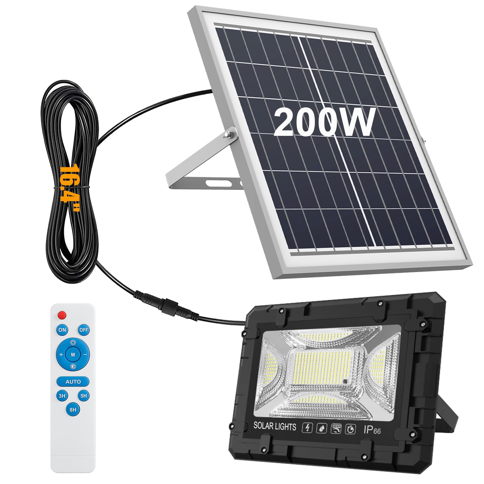 200W Solar Street Light Waterproof - 20000LM LED Solar Security Flood Light with 16ft Wire & Light Sensor for Outdoor Parking Lot, Garden, Yard, Path - 8000K Bright White Light for Enhanced Safety & Visibility