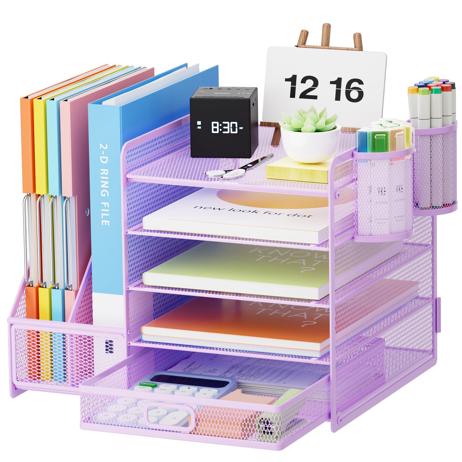 5-Tier Mesh Desk Organizer with File Holder, Drawer & Pen Holders - Purple Office Paper Tray for Letters, Magazines & Supplies | Perfect for Home Office, School & Workspace Organization