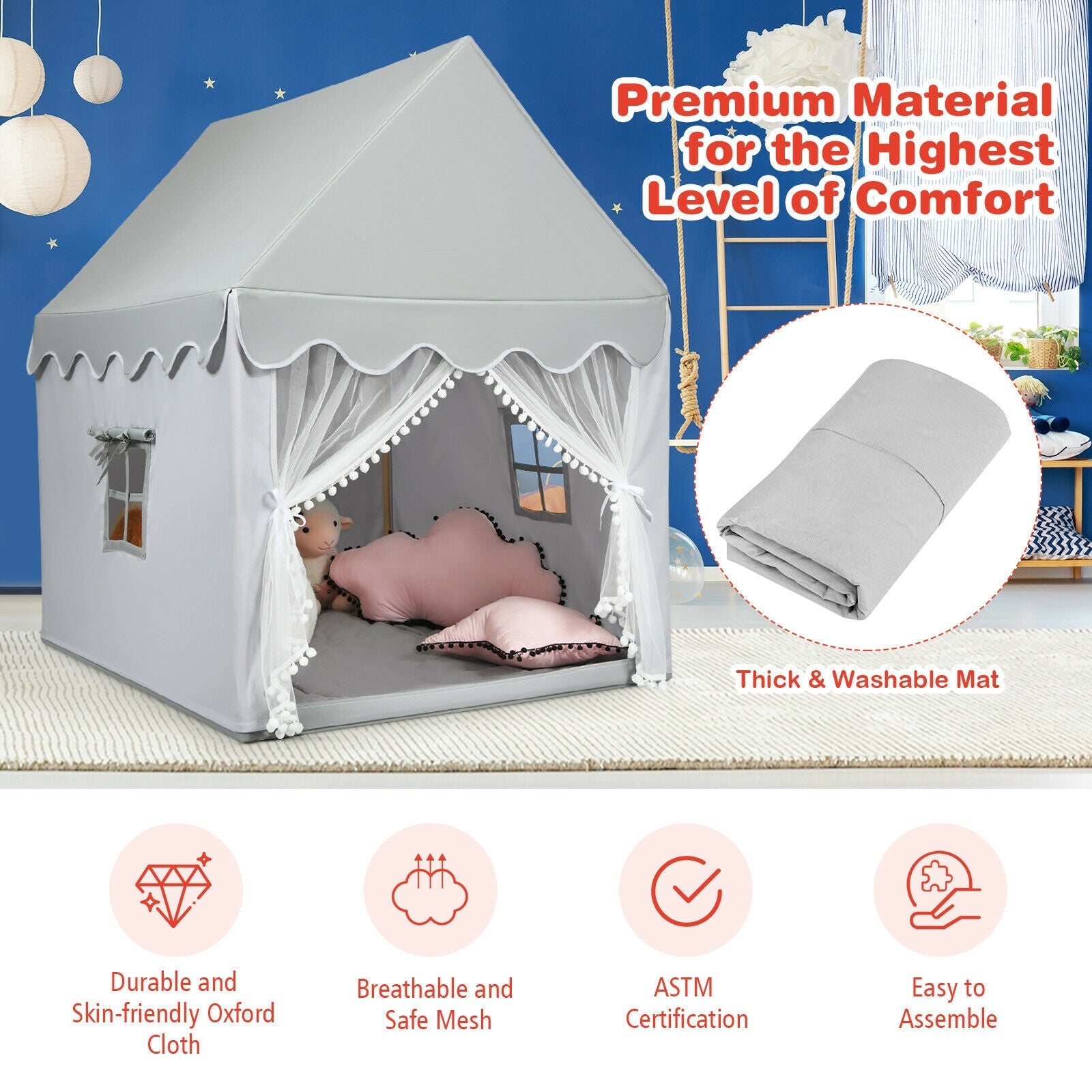 Large Kids Play Castle Fairy Tent with Mat - Gray Color for Indoor & Outdoor Playroom, Bedroom, and Backyard Fun