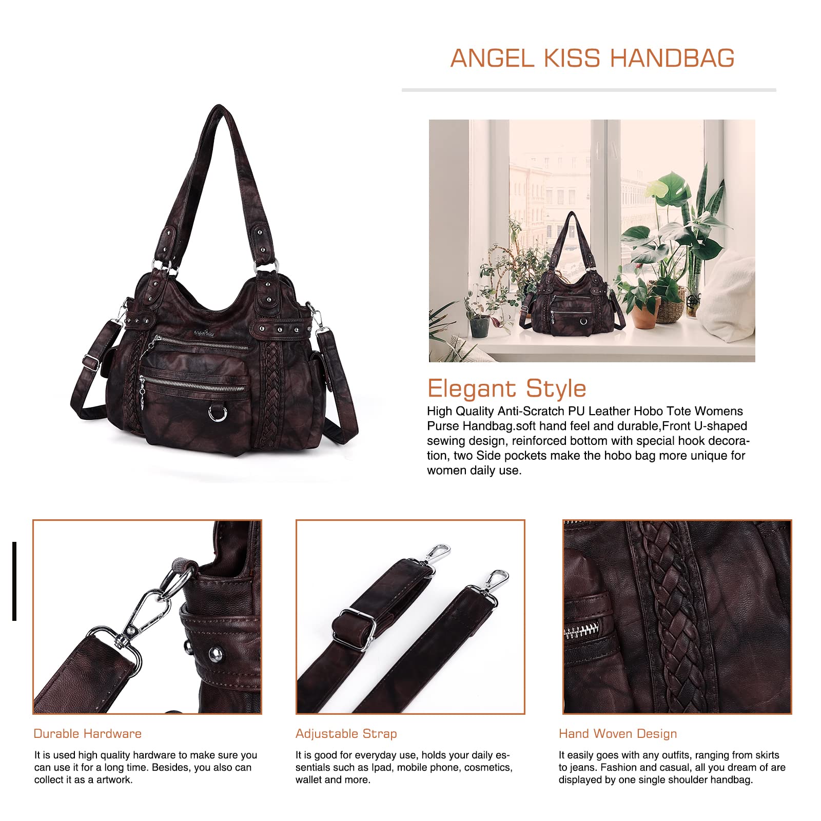 Angel Kiss Hobo Handbags for Women - Soft PU Leather Shoulder Bag Ladies Purse - Perfect for Work, Travel & Everyday Use