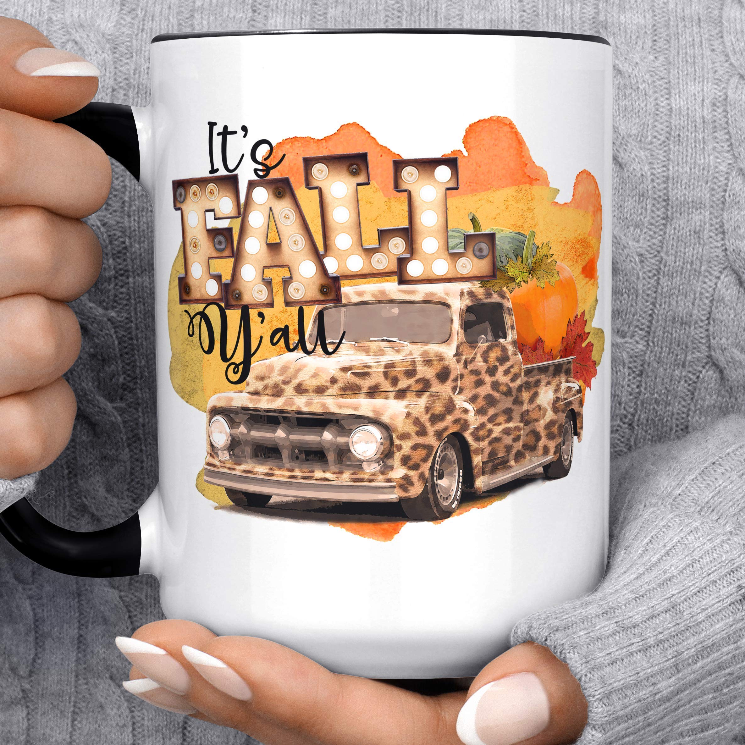 Fall Y'all Coffee Mug - Autumn Themed Ceramic Cup | Microwave & Dishwasher Safe | Pumpkin Leopard Print Truck Design | Perfect for Pumpkin Spice Lattes, Office Use & Cozy Fall Mornings