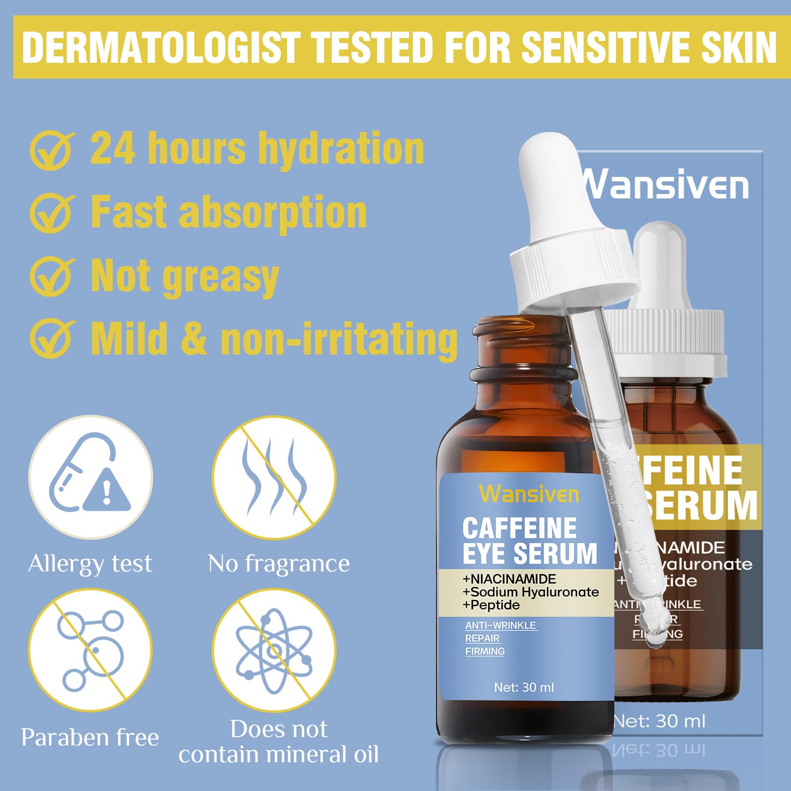 Wansiven Caffeine Eye Serum for Dark Circles & Puffy Eyes - Anti Wrinkle Repair, Lifting & Smoothing Eye Cream with Hyaluronic Acid & Niacinamide - Skincare for Men & Women, 30 ml - Perfect for Morning & Night Routine, Travel & Daily Use