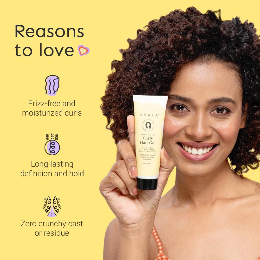 Arata Curl Gel for Frizzy, Wavy, Curly Hair - Natural Long-Lasting Hold & Definition | Frizz Control with Aloe Vera, Abyssinian Seed Oil, Argan Oil & Soy Protein | Sulfate, Paraben & Silicone Free | 50ml | Perfect for Daily Styling & Enhancing Natural Curls