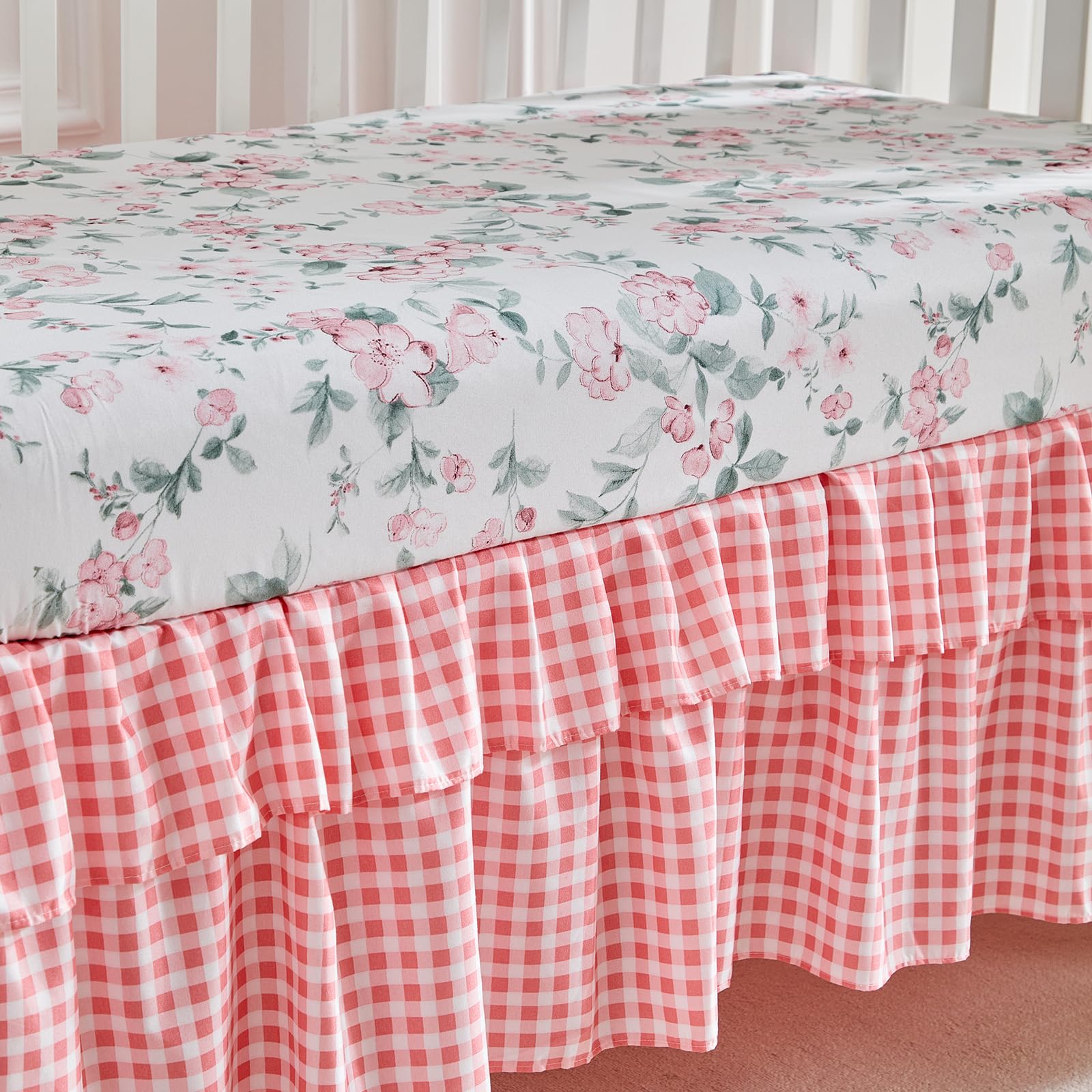 Floral Crib Bedding Set - White & Pink Ruffled Quilted Comforter with Fitted Sheet & Bed Skirt for Baby Girls Nursery | Shabby Chic Flower Design with Leaves | Perfect for Newborn, Infant & Toddler Bedrooms