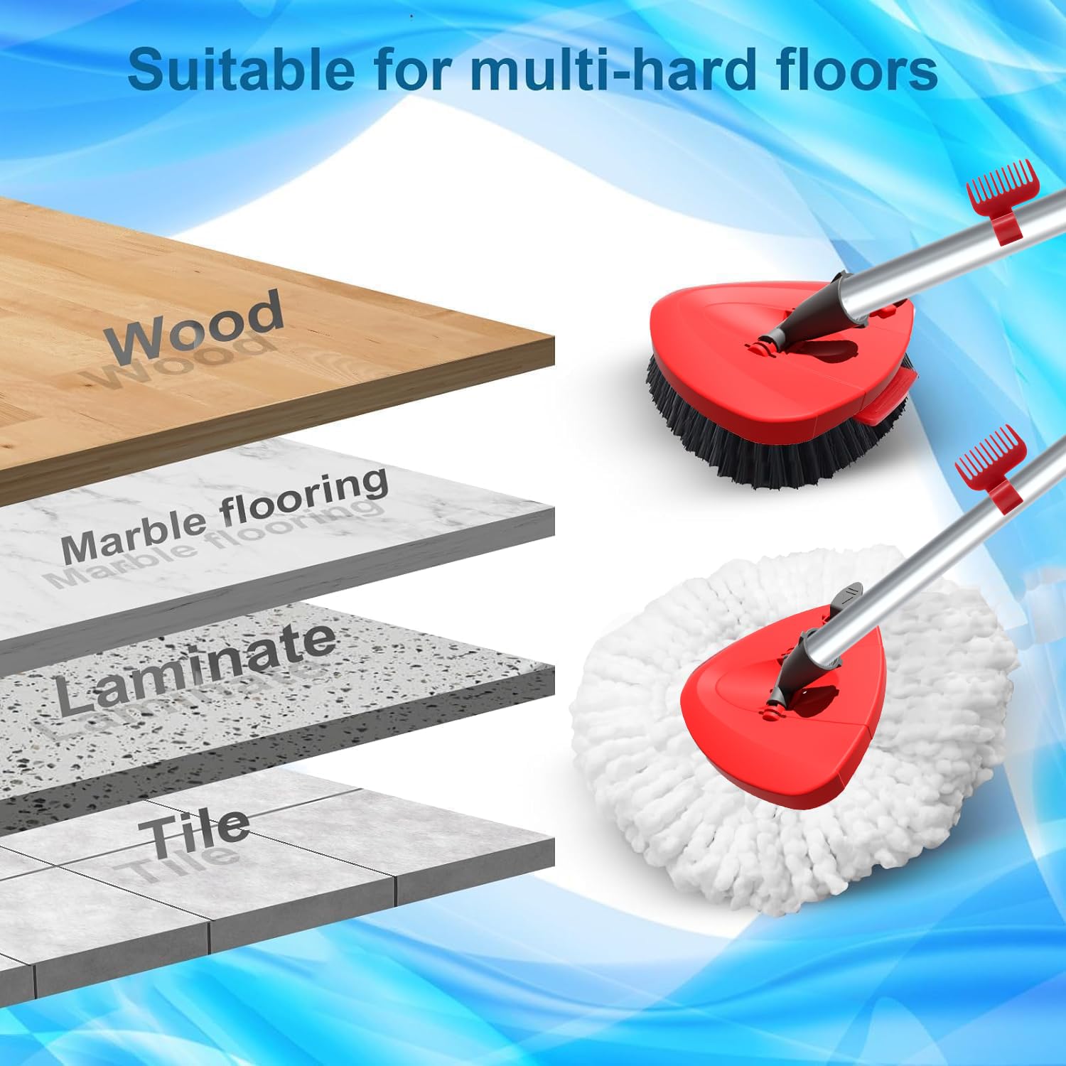 2 Pack Spin Mop Heads Replacement for O Cedar EasyWring 1Tank - Upgraded Microfiber Scrub Brush Refills with 4-Section Handle & Base Combo - Perfect for Hardwood Floors, Tile, and Kitchen Cleaning