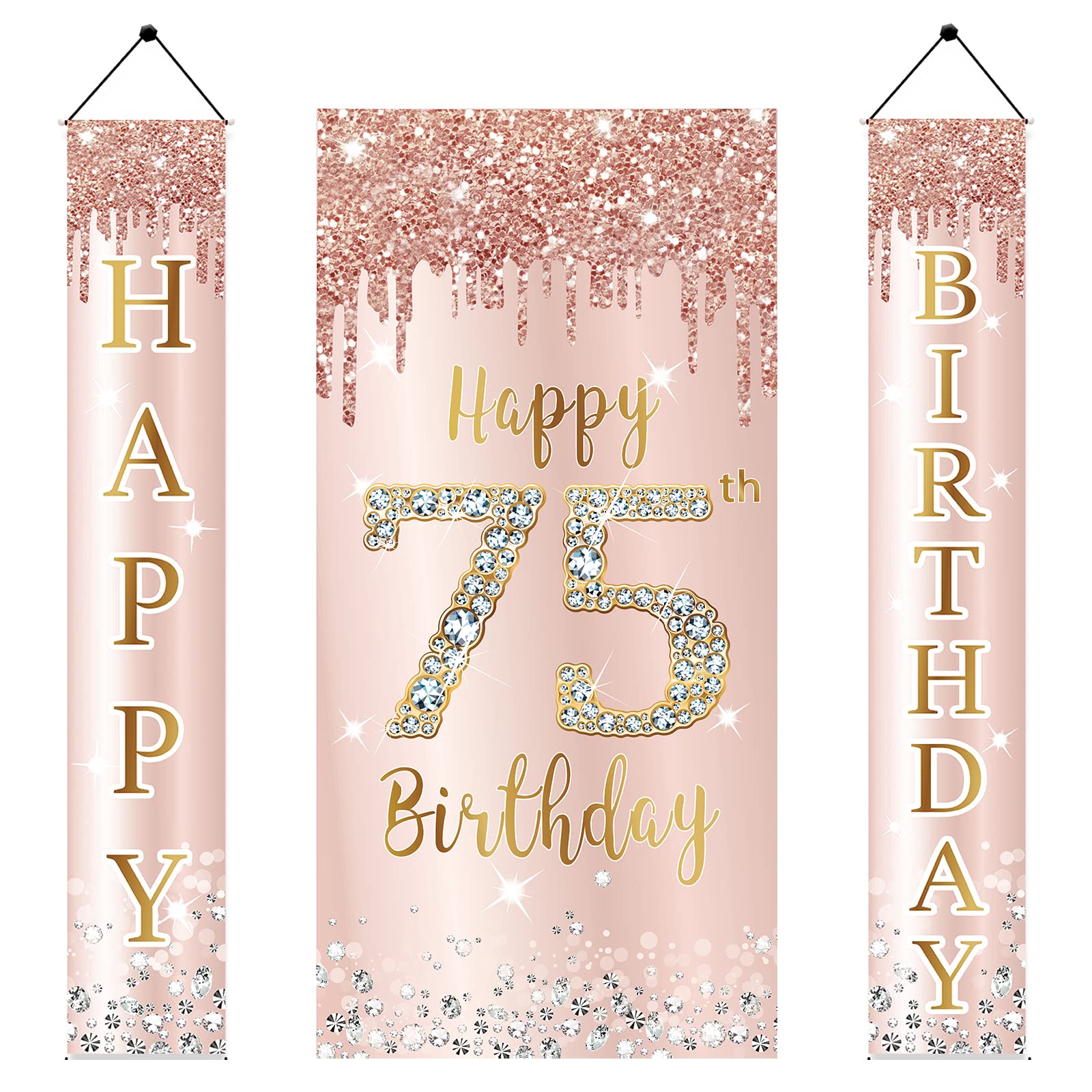 75th Birthday Decorations for Women - Pink Rose Gold Happy Birthday Banner, Backdrop Sign & Porch Party Supplies | Large 75 Year Old Celebration Decor for Milestone Birthday Parties, Anniversaries & Special Events