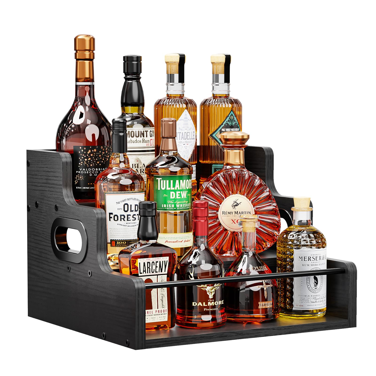 3-Tier Black Retro Liquor Bottle Display Shelf - Countertop Wine Rack Organizer for Whiskey, Spirits & Coffee Syrups | Perfect for Home Bars, Mini Bars & Kitchen Counter Organization