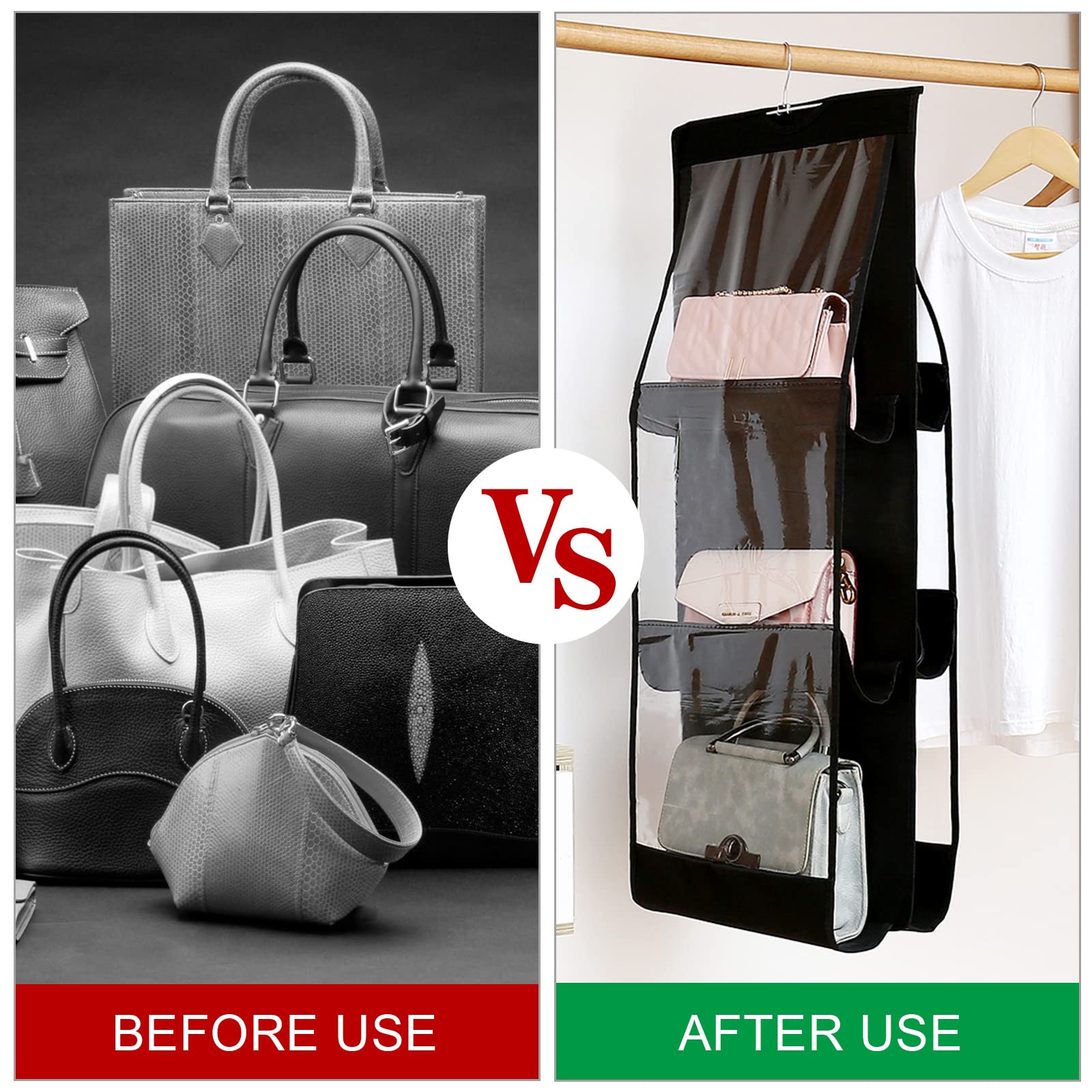 Hanging Handbag Organizer - 6 Large Pockets Dustproof Purse Storage for Closet & Wardrobe | Perfect for Handbags, Clutches & Accessories Organization
