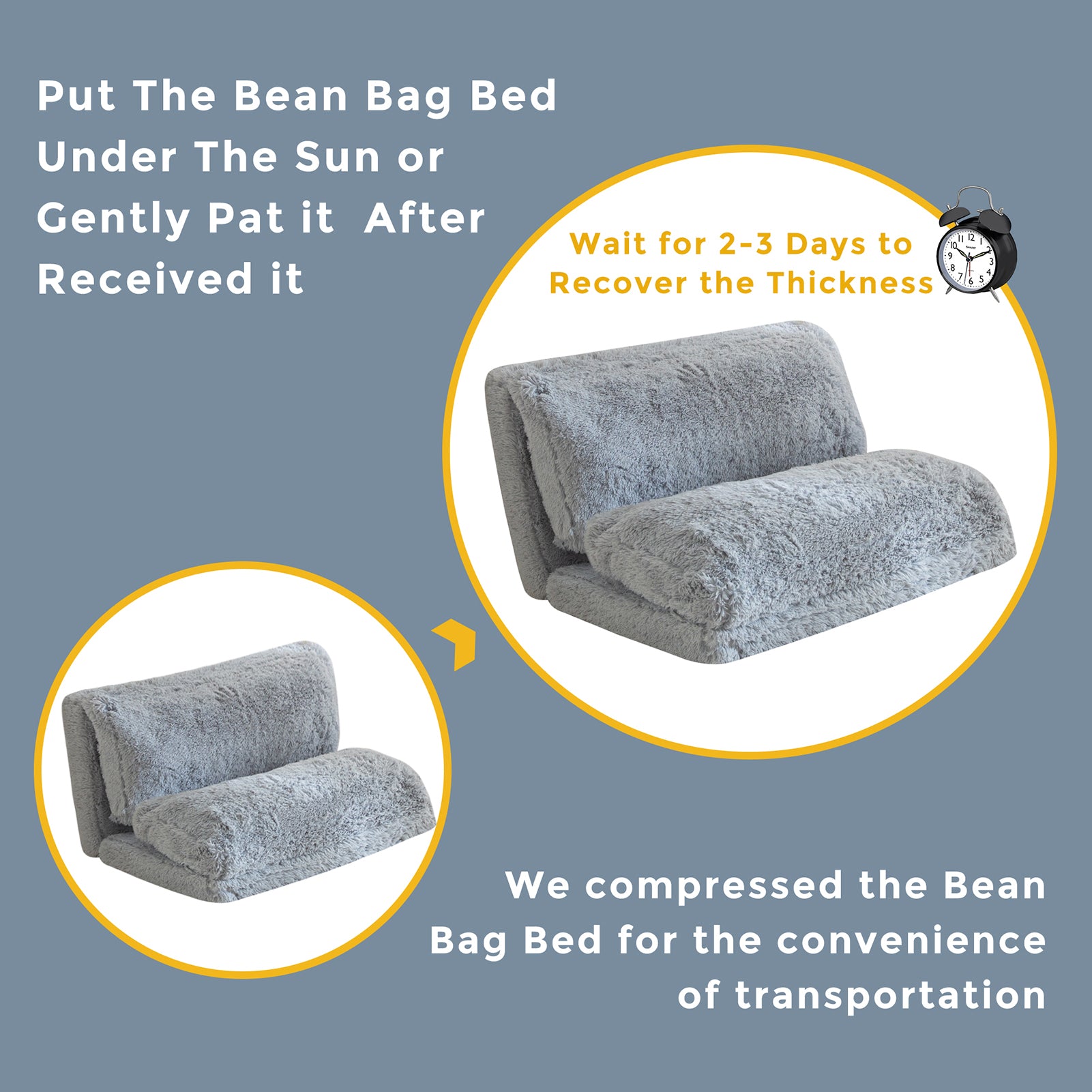 MAXYOYO Folding Floor Sofa Bed - Grey Faux Fur Bean Bag Chair with Foam Filling, Convertible Sleeper for Living Room, Bedroom & Dorm | Comfortable Lounge Seating for Relaxing, Reading & Napping
