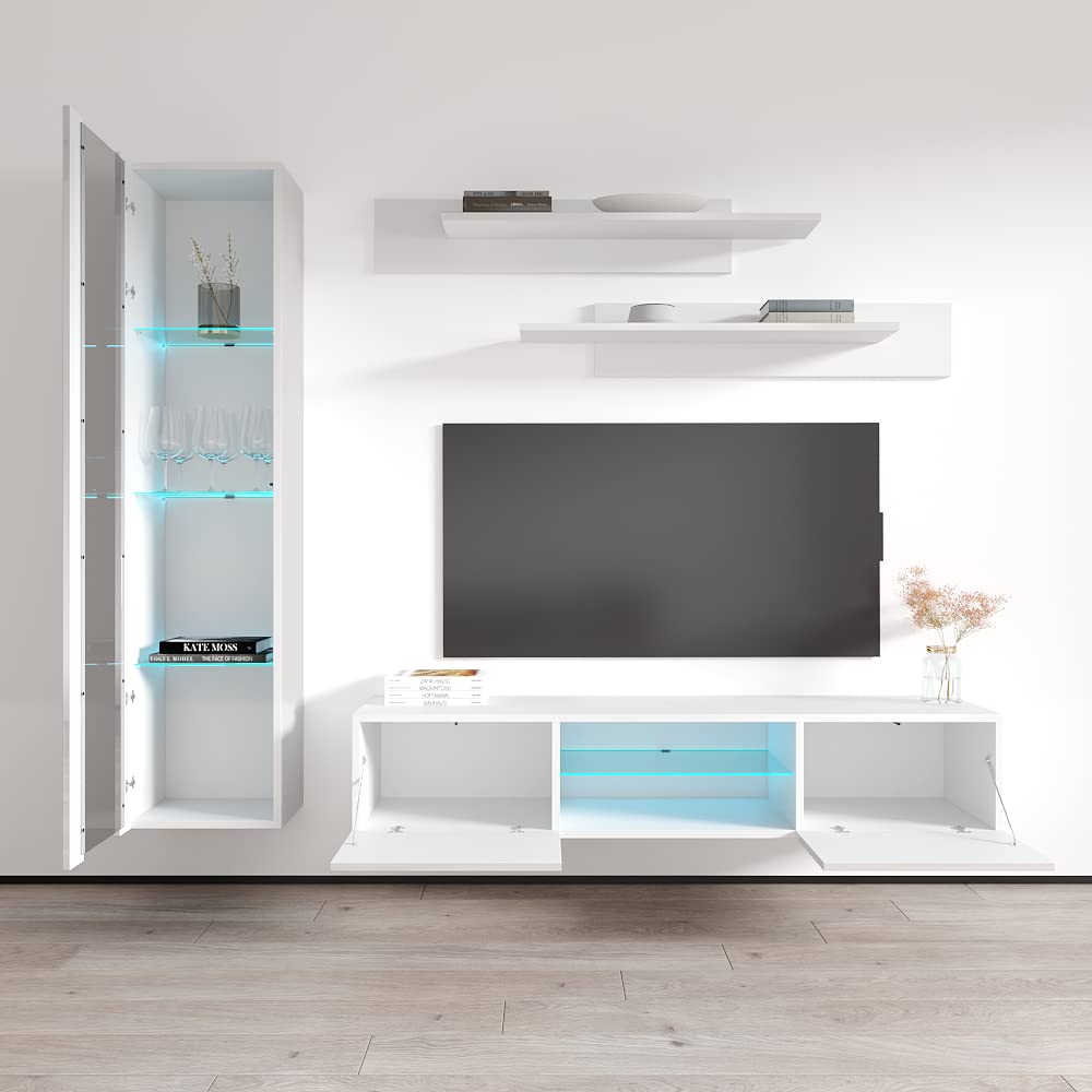 Modern Floating TV Stand with Storage & LED Lights - Wall Mounted Entertainment Center for Living Room & Bedroom - White G2 33TV Console with Shelves - Perfect for Small Spaces & Home Theater Setup