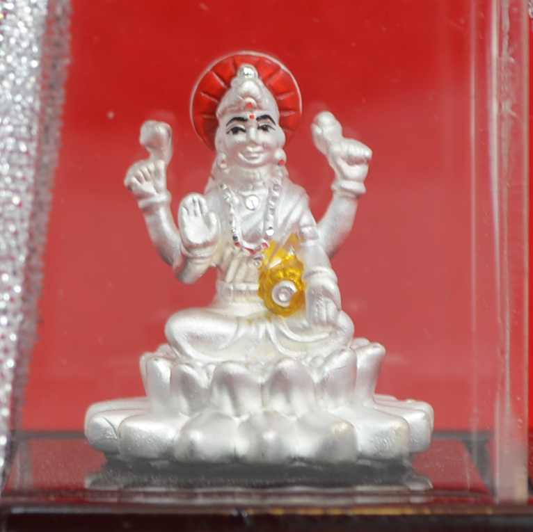 999 Pure Silver Lakshmi Idol with Red Headrest - Authentic Hindu Goddess Statue for Home Altar, Pooja Room Decor & Spiritual Gifts | Perfect for Diwali, Weddings & Housewarming Ceremonies